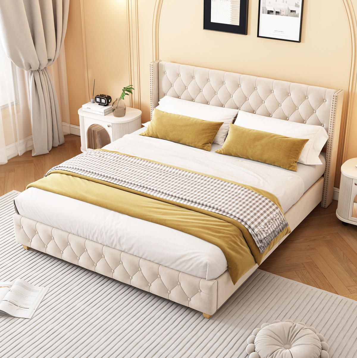 POLSTERBETT 180/200 cm hellbeige aus Samt mit Lattenrost - Beige, Textil (180/200cm) - OKMYHOME