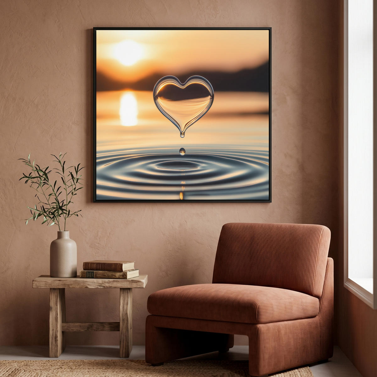 LEINWAND Bilder mit Rahmen - Herz - Wasser - Sonnenuntergang - Natur - Zen - 90x90 - Bernsteinfarben, Textil (90/90cm) - MuchoWow