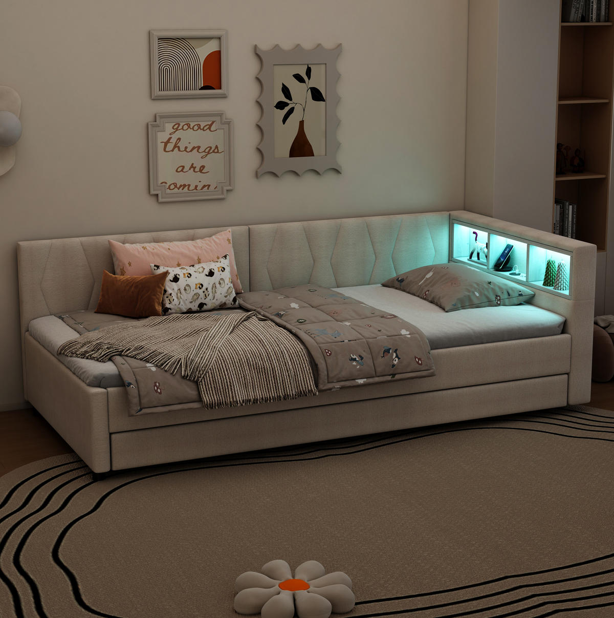DENNÁ posteľ z ľanu a MDF 90x200 cm béžová s LED osvetlením, USB-C a úložnými priehradkami - béžová, textil (90/200cm) - Modfu