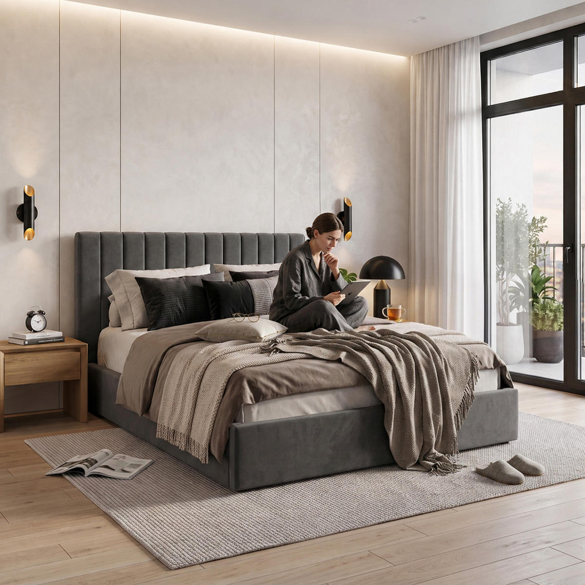 POLSTERBETT Melvio Doppelbett 180x200 cm mit Bettkasten und und Taschenfedernmatratze 26 cm, Dunkelgrau - Dunkelgrau, Textil (180/200cm) - Beautysofa