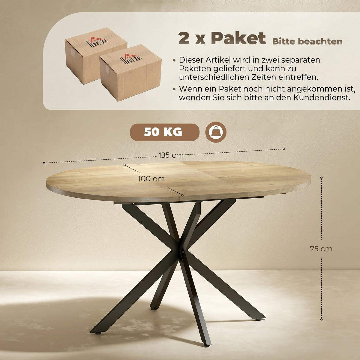 AUSZIEHBARER-ESSTISCH MDF Stahl Naturholz - Schwarz/Naturfarben, Holzwerkstoff/Metall (135/100/75cm) - HOMCOM