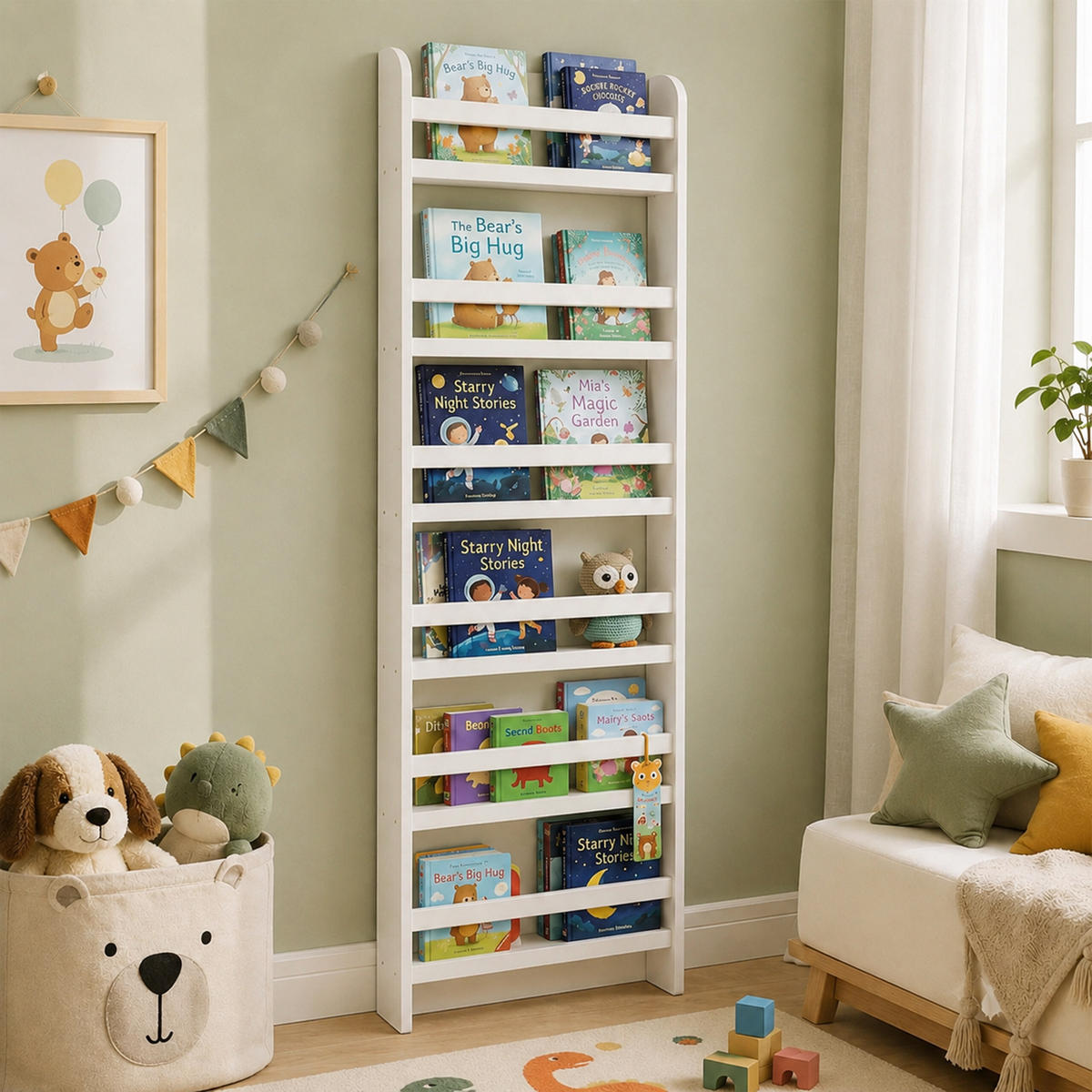 BIBLIOTECĂ Alb copii MDF 6 compartimente 200x55x10 cm - alb, compozit lemnos (55/200/10cm) - Relaxdays