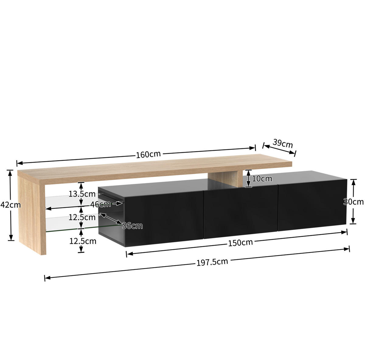 LOWBOARD 197,5/39/42 cm aus MDF und Glas mit 7-farbiger LED-Beleuchtung Schwarz/Natur - Naturfarben, Holzwerkstoff (197.5/42/39cm) - Modenvie
