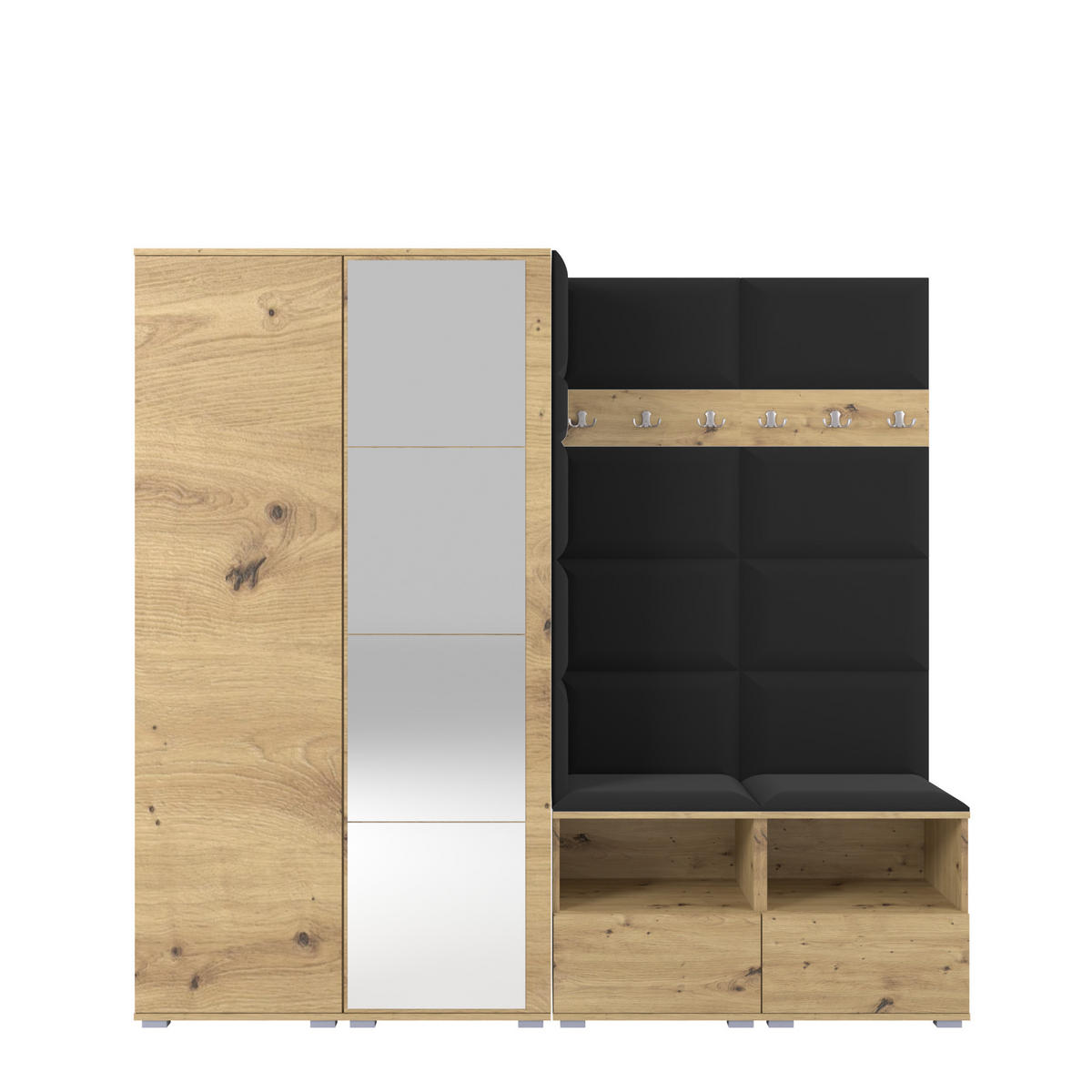GARDEROBE NELA VI 200 cm (Modulare Flurmöbel Artisan Eiche mit Spiegel & Sitzpolster Schwarz 16 Universell) - Silberfarben/Schwarz, Holz/Holzwerkstoff (200/187/40cm) - Ravio