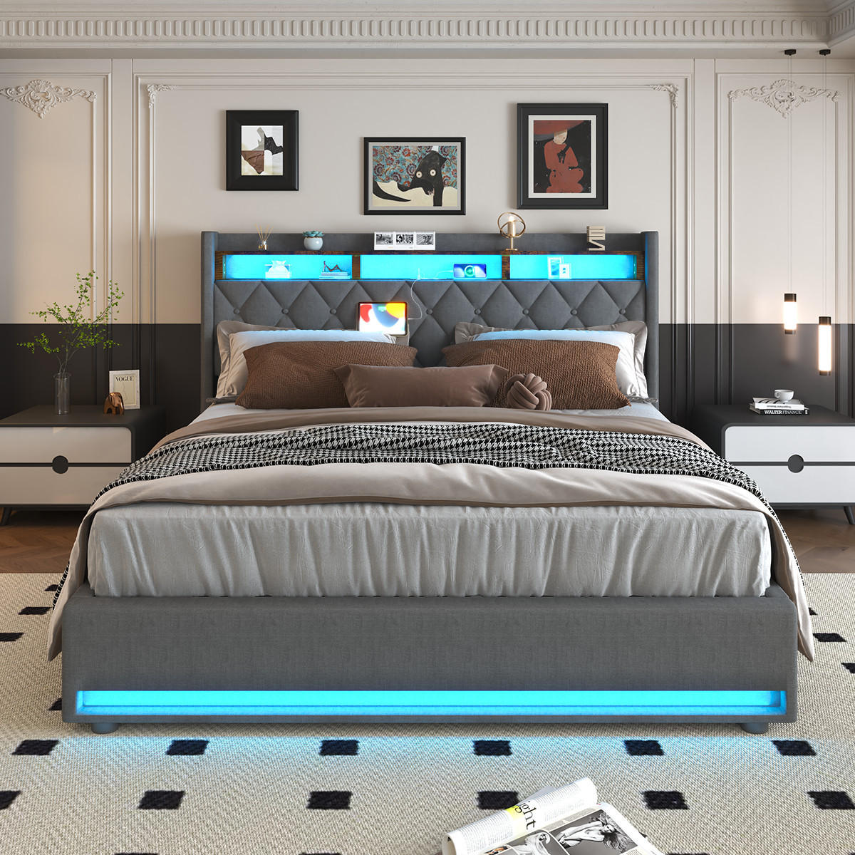 POLSTERBETT 160x200 cm mit LED, USB C, Hydraulische Bett mit Stauraum und Kopfteil, Stauraumbett Bettgestell mit Metallrahmen, Leinen, Grau - Grau, Metall