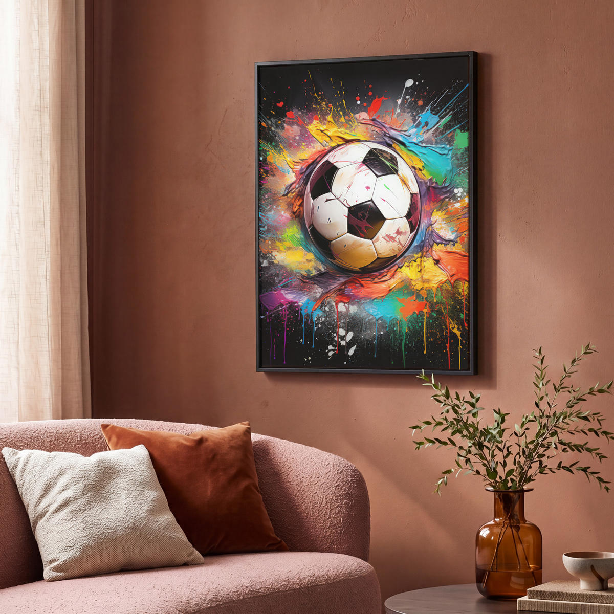 LEINWAND Bilder mit Rahmen - Fußball - Farbe - Farben - Schwarz - Weiß - 70x100 - Weiß, Textil (70/100cm) - MuchoWow