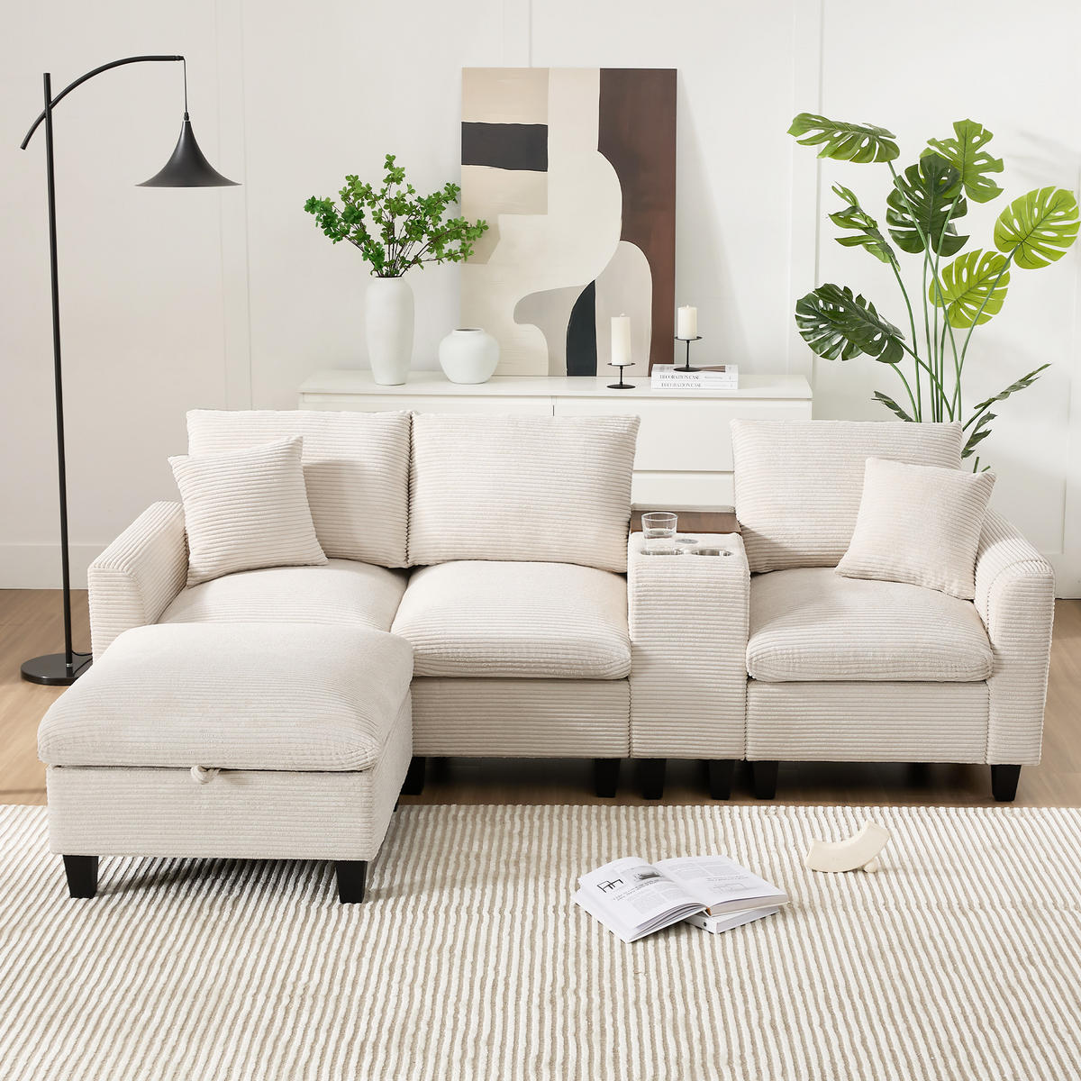SOFA L-Form 4-Sitzer mit Konsole und 2 USB-Anschlüssen Cord Beige 229/149,5/83 cm - Beige, Textil (229/149.5cm) - OKWISH