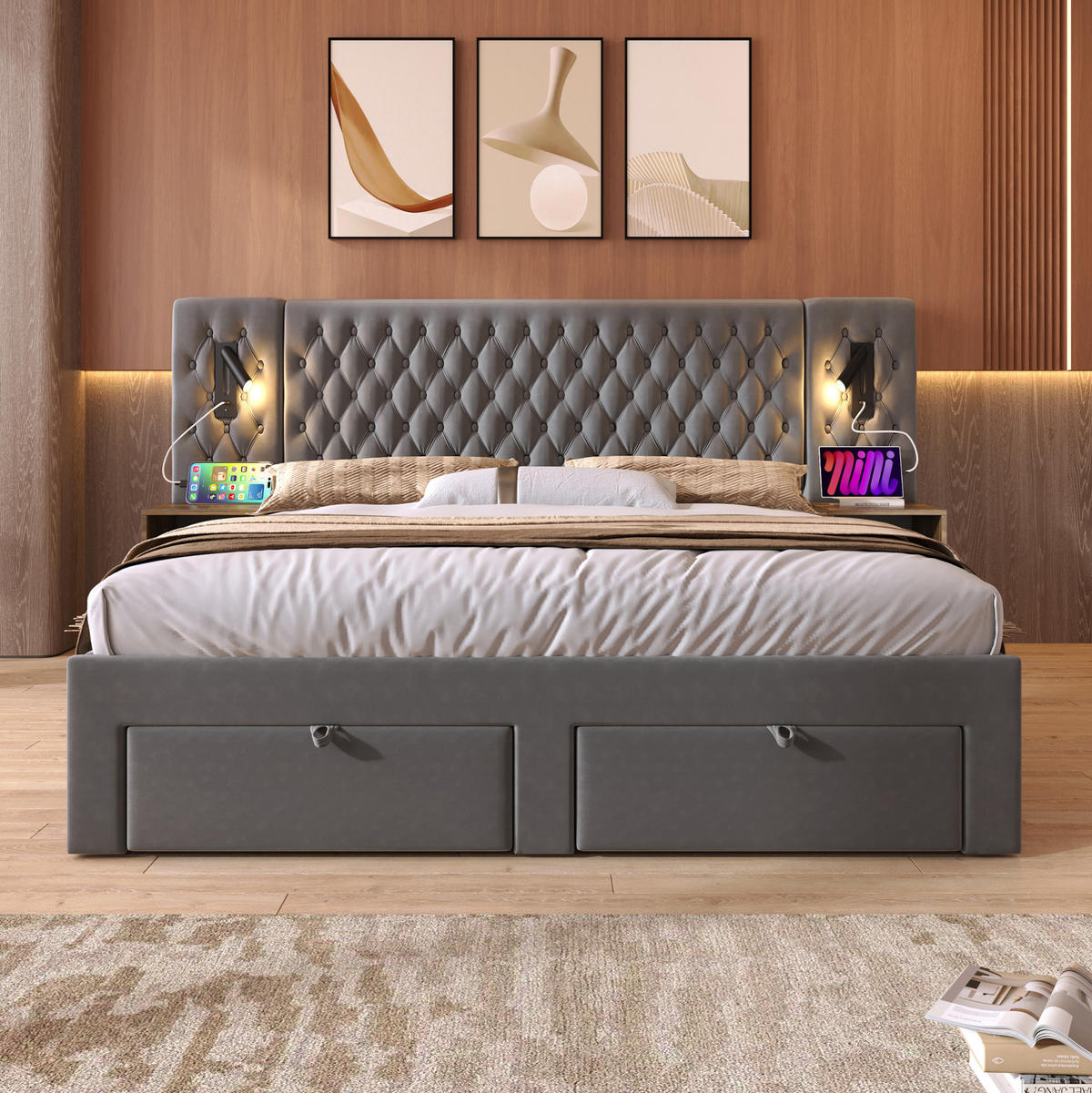 POLSTERBETT 180/200 cm aus Samt mit 2 Nachttischen, 4 Schubladen, Leselicht und USB/Type-C, Grau - Grau, Textil (180/200cm) - Redom