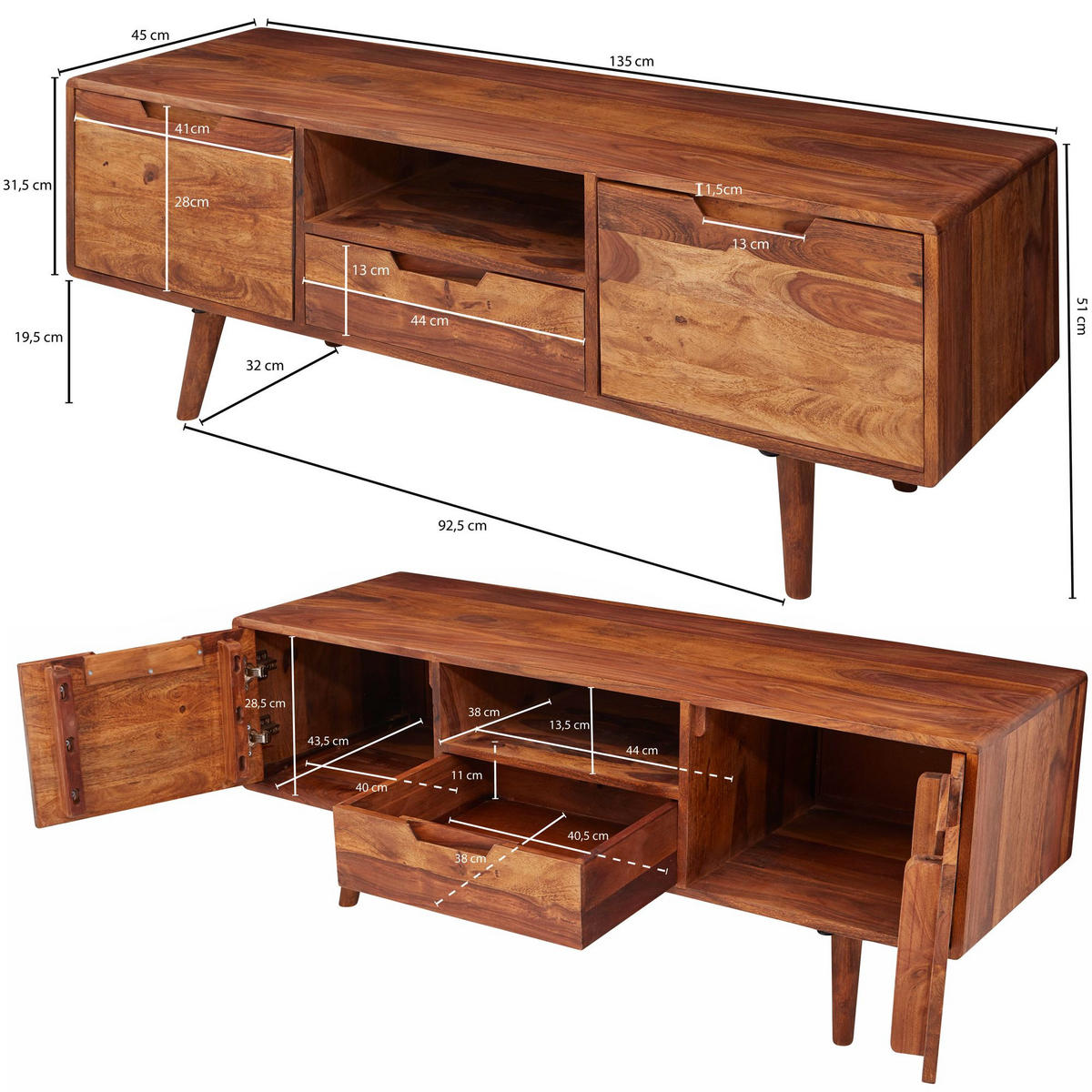 LOWBOARD Massivholz Landhausstil mit Stauraum Handgefertigt - Braun, Holz (135/51/45cm) - KADIMA DESIGN