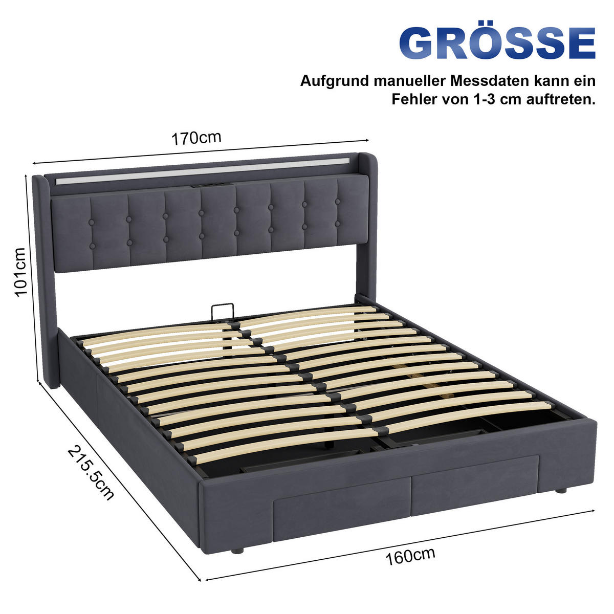 POLSTERBETT160/200 cm in Dunkelgrau Samt mit Bettkasten, Schubladen und USB/LED-Beleuchtung - Dunkelgrau, Holzwerkstoff/Textil (160/200cm) - CHICFURN