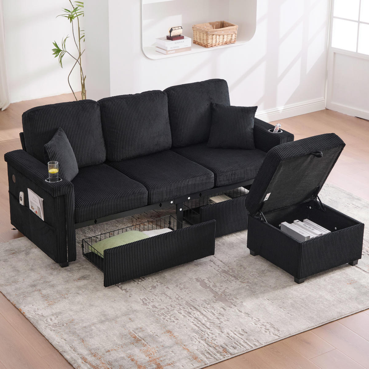 ECKSOFA Corduroy mit LED und USB-Anschluss Stauraum-Schubladen 194/73/81 cm Schwarz - Schwarz, Textil (73/194cm) - Redom