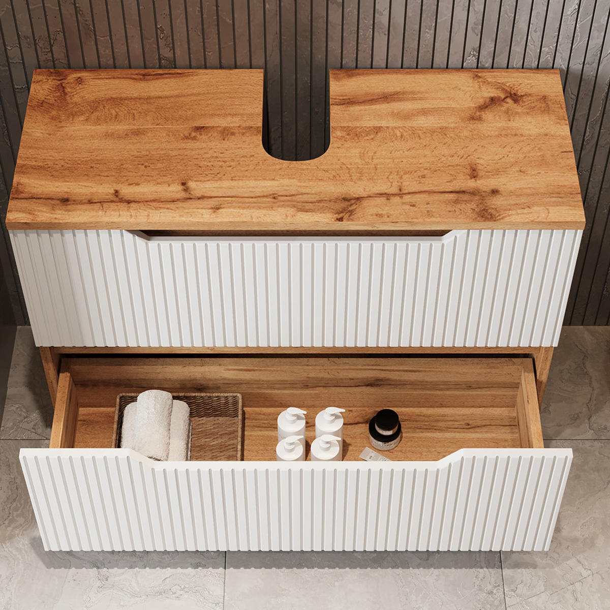 WASCHBECKENUNTERSCHRANK Lotta Eiche/weiß gestreift 79.6 x 62.5 cm mit 2 Schubladen - Eichefarben/Weiß, Holzwerkstoff (79.6/62.5/32cm) - Vicco