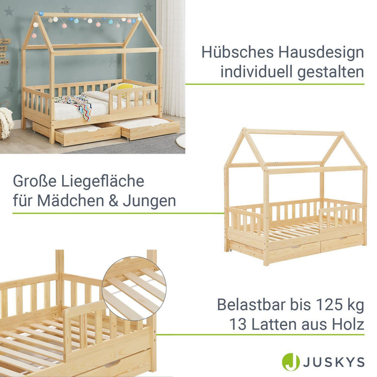 KINDERBETT Marli mit Matratze und Bettkasten natur 90x200 cm - Naturfarben, Holz (90/200cm) - Juskys