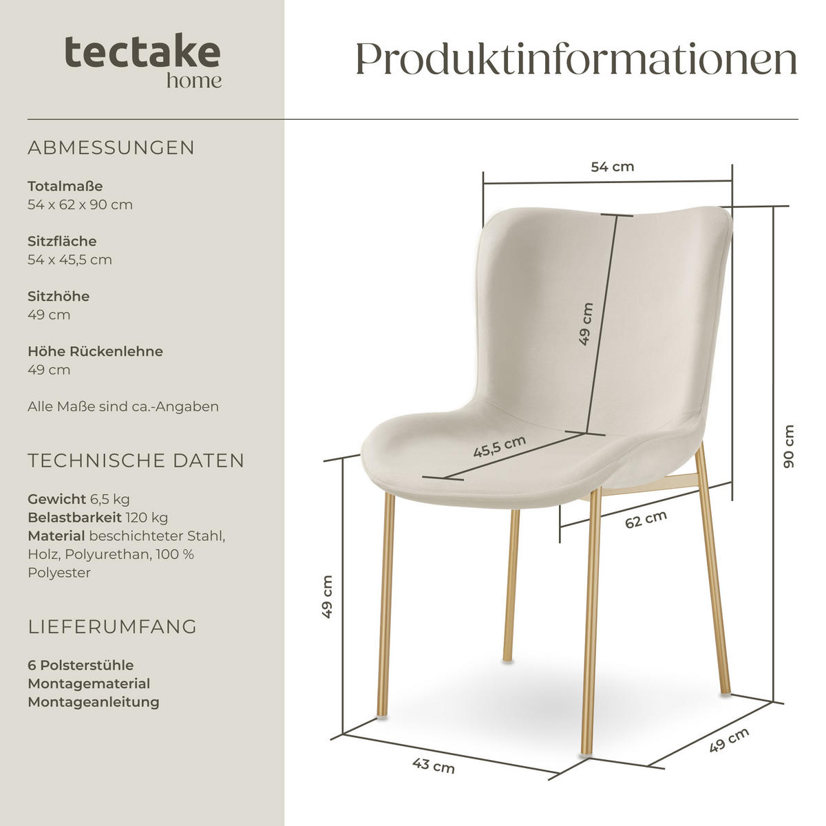 POLSTERSTUHL 6er Set Tessa 54 x 62 x 90 cm Samt beige/gold - Goldfarben/Samtahornfarben, Textil (54/90/62cm) - tectake
