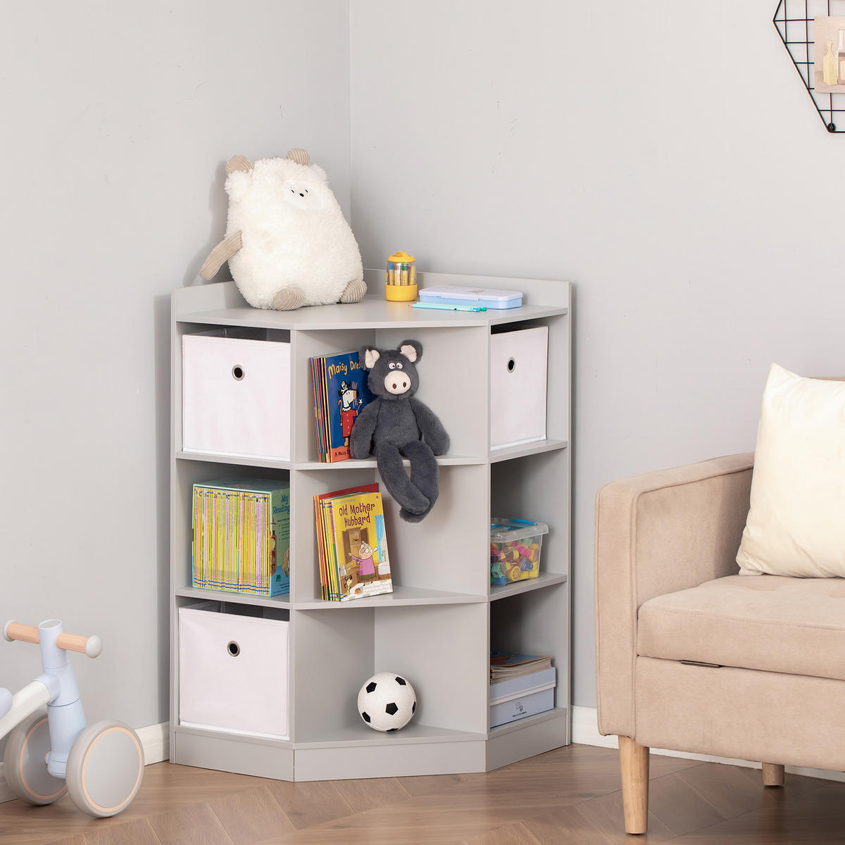 KINDERREGAL Eckregal mit 3 Aufbewahrungsboxen Kinderzimmer Spielzeugablage Grau - Grau, Holzwerkstoff/Textil (57.4/94/57.4cm) - HOMCOM