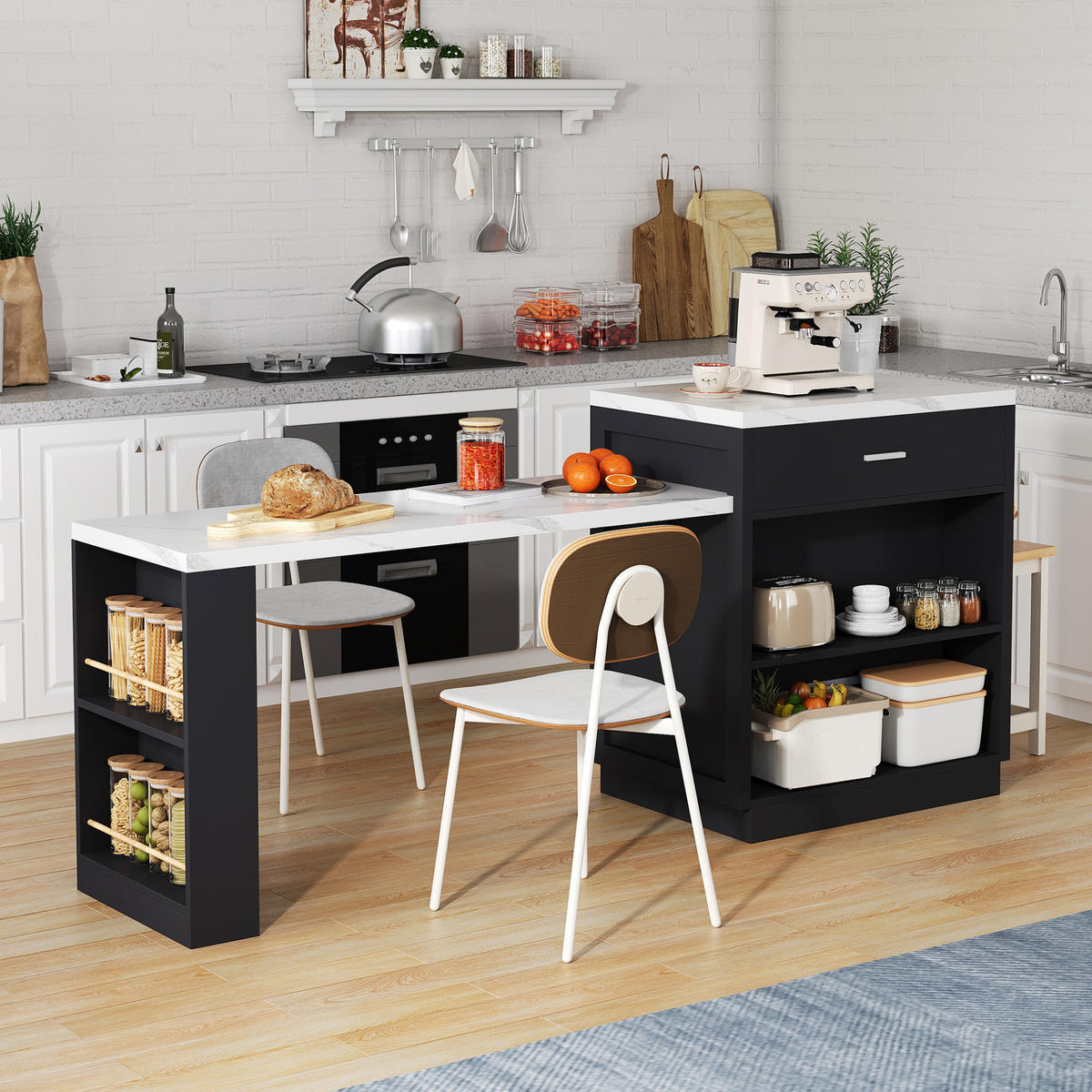 KÜCHENINSEL 211/89,5/55 cm Schwarz aus MDF mit ausziehbarem Esstisch - Schwarz, Holzwerkstoff (55/89.5/211cm) - OKMYHOME