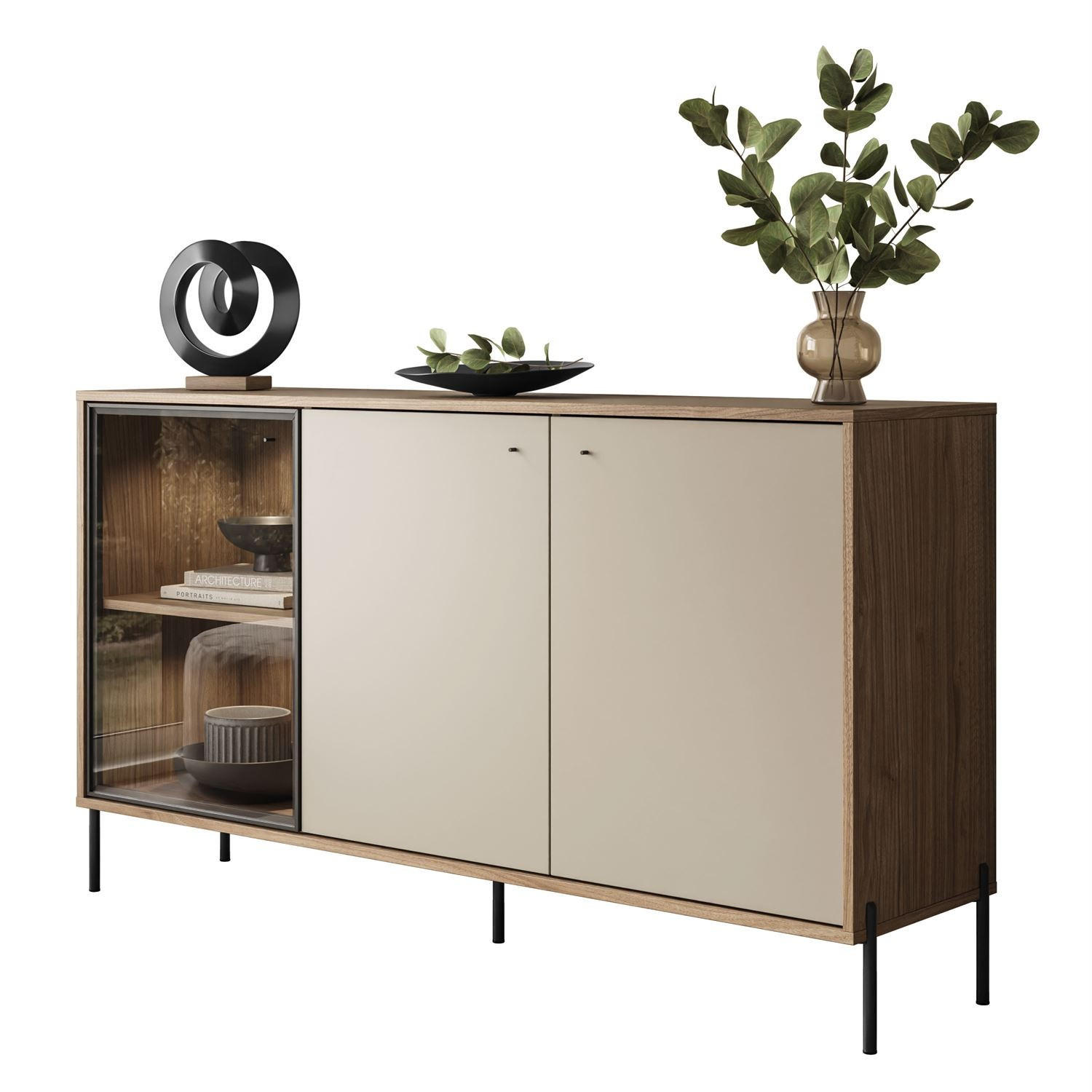 KOMMODE ISA 3D, dreitürig mit LED-Beleuchtung auf hohen Beinen. - Eichefarben, Holzwerkstoff (151/85/40cm) - Lookway