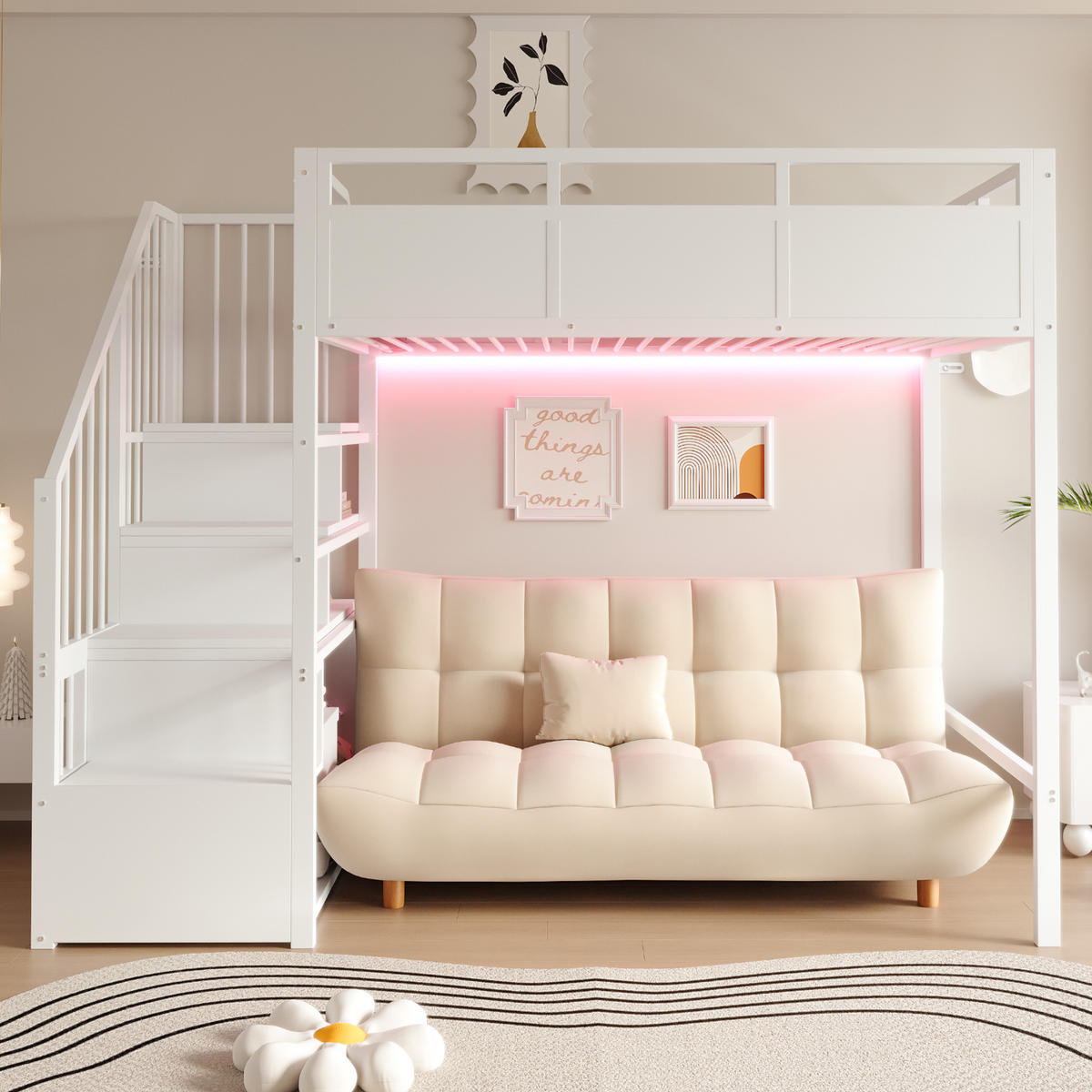 HOCHBETT 90x200cm Metall Stauraumleiter LED Weiß - Weiß, Metall (90/200cm) - FLIEKS