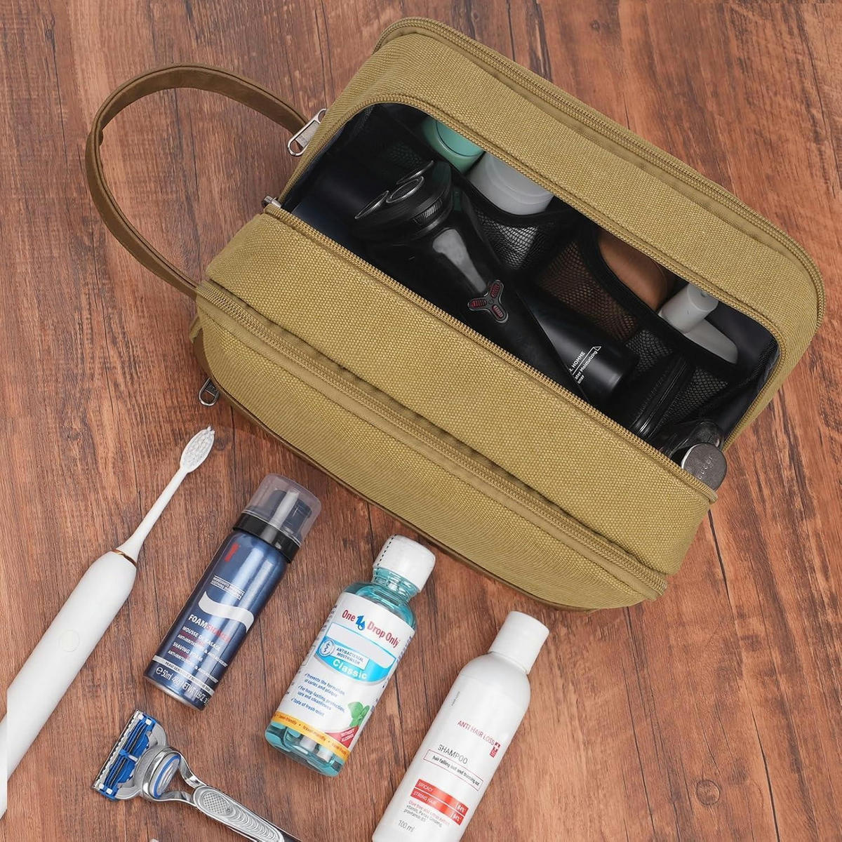 KULTURTASCHE Herren Canvas Braun - Olivgrün, Textil (4.5/18.2/28.2cm)
