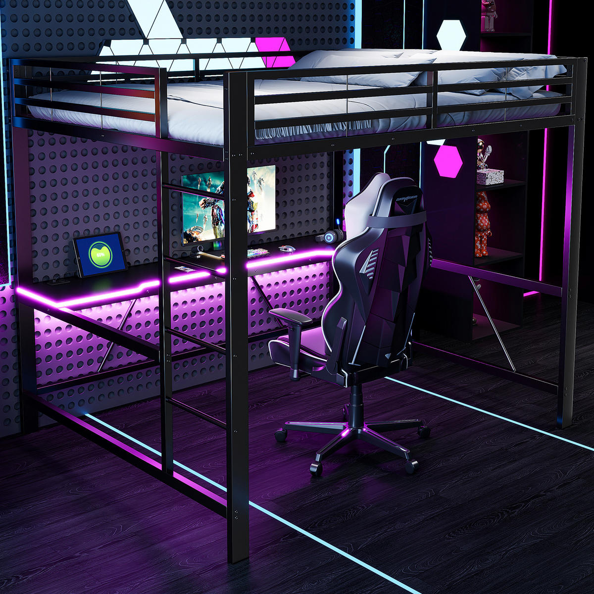 HOCHBETT 160/200 cm in Schwarz mit Schreibtisch, LED und USB Metall - Schwarz, Metall (160/200cm) - CHICFURN