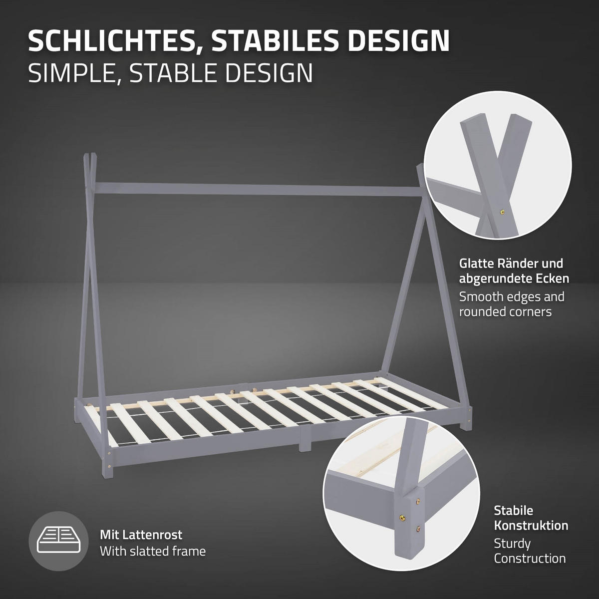 KINDERBETT Tipi mit Matratze 90x200 cm Hellgrau - Hellgrau, Holz (90/200cm) - ML-DESIGN