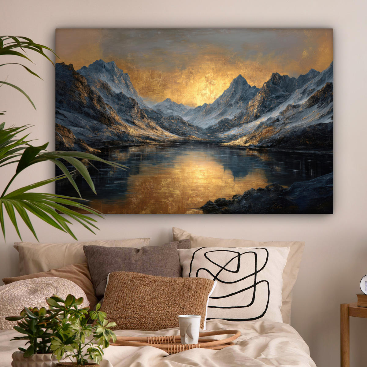 LEINWANDBILD Bergkulisse mit goldenem Sonnenuntergang Groß 140x90 cm - Goldfarben, Textil (140/90cm) - MuchoWow