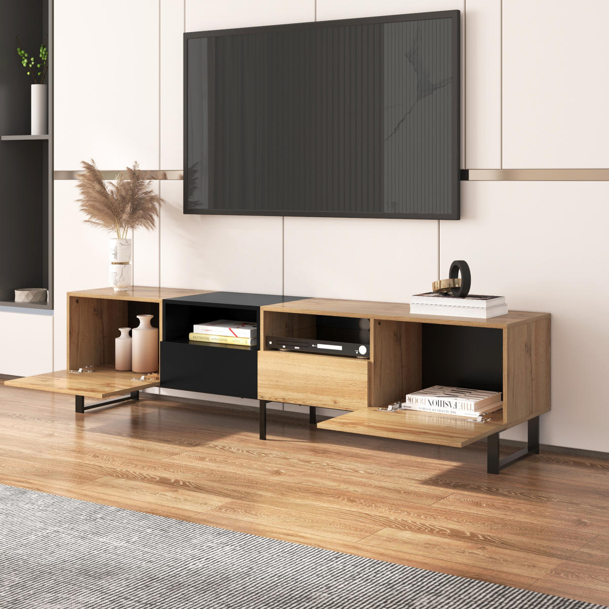 TV-SCHRANK in Schwarz und Holzoptik mit 2 Türen und 2 Schubladen 190/38/48 cm - Eichefarben, Holzwerkstoff (190/48/38cm) - Redom