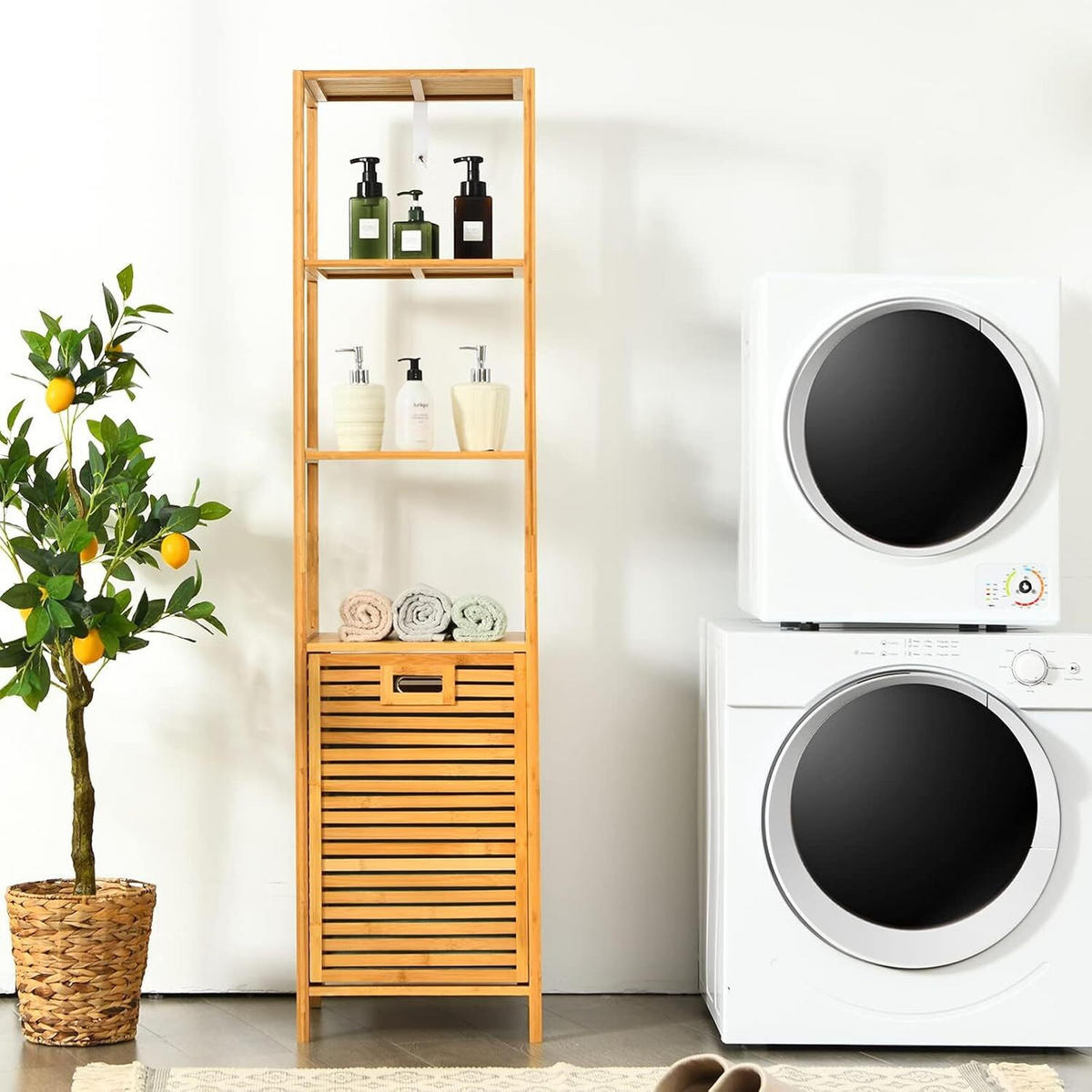WÄSCHESCHRANK mit abnehmbarem Wäschesack & Griff natur - Naturfarben, Naturmaterialien (40/160/33cm) - COSTWAY