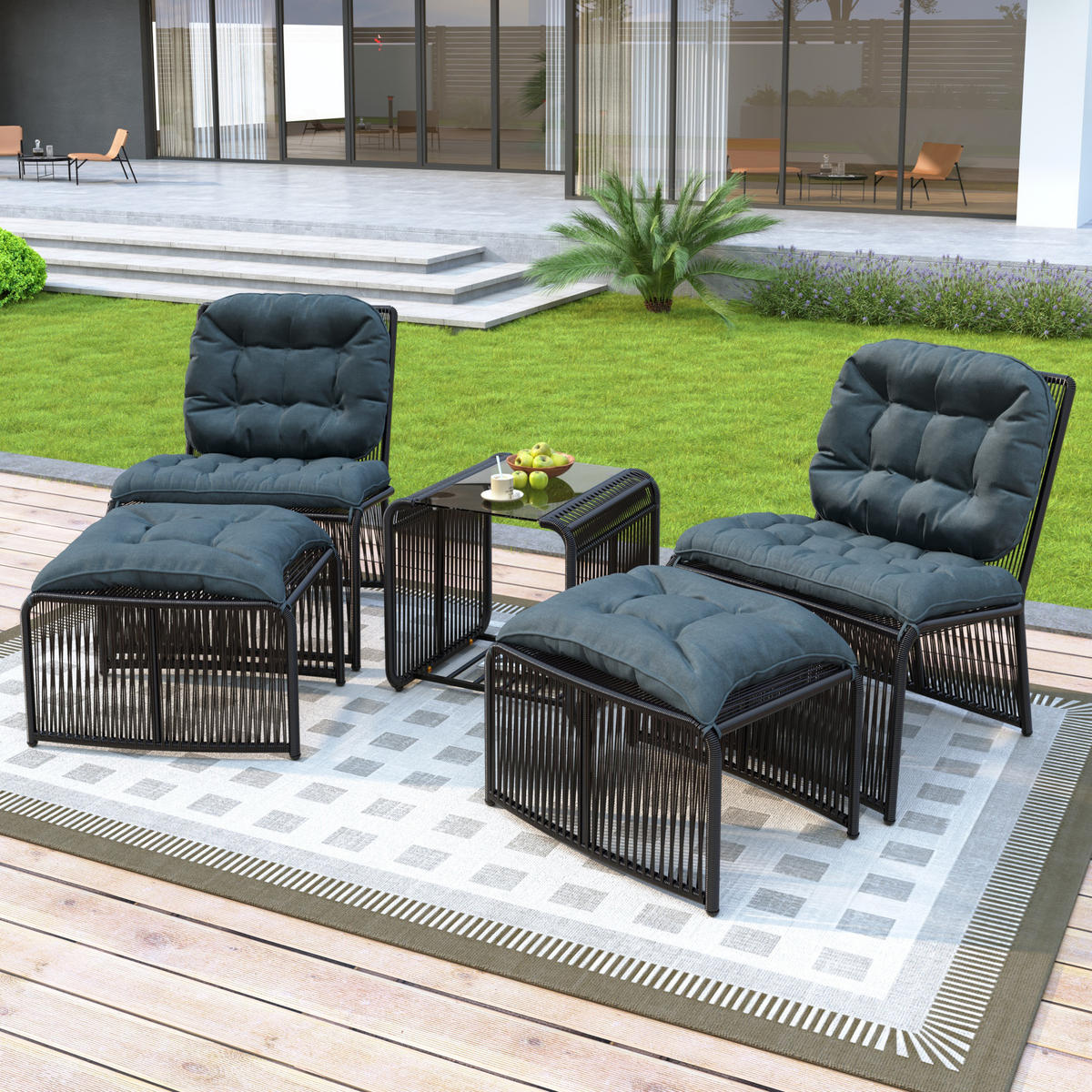 LOUNGESET Rattan Schwarz/Grau 5-tlg. - Grau, Metall - ComfortXL