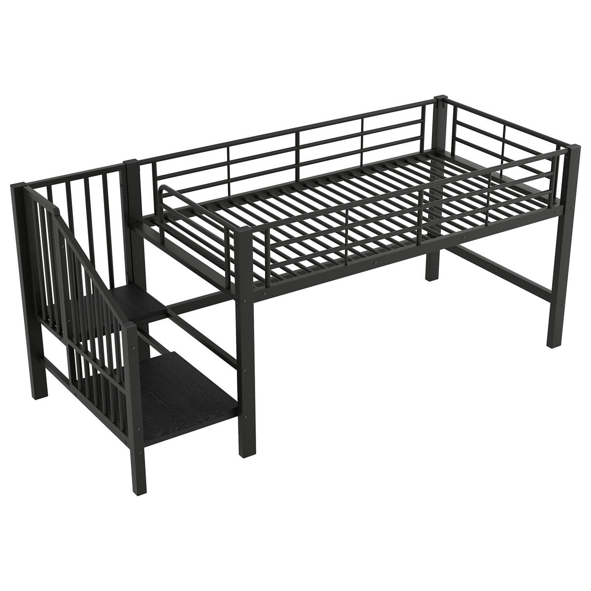 HOCHBETT 90/200 cm in Schwarz mit Stauraumtreppe aus Metall & MDF - Schwarz, Holzwerkstoff/Metall (90/200cm) - CHICFURN