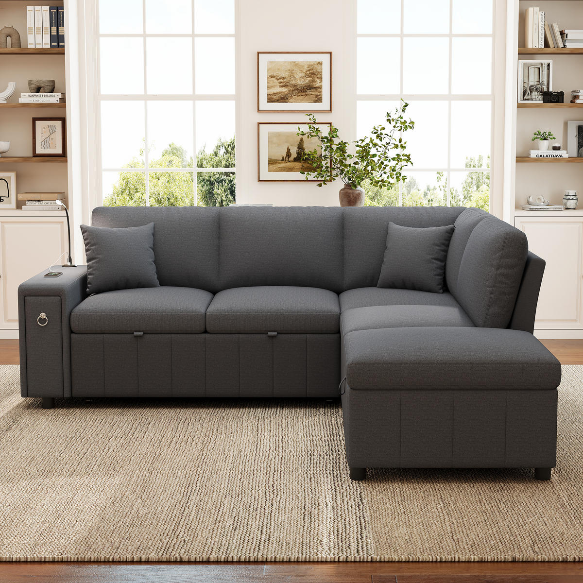 SCHLAFSOFA Grau L-Form USB Stauraum Tisch Leselicht Kissen - Grau, Textil (184/213cm) - FLIEKS