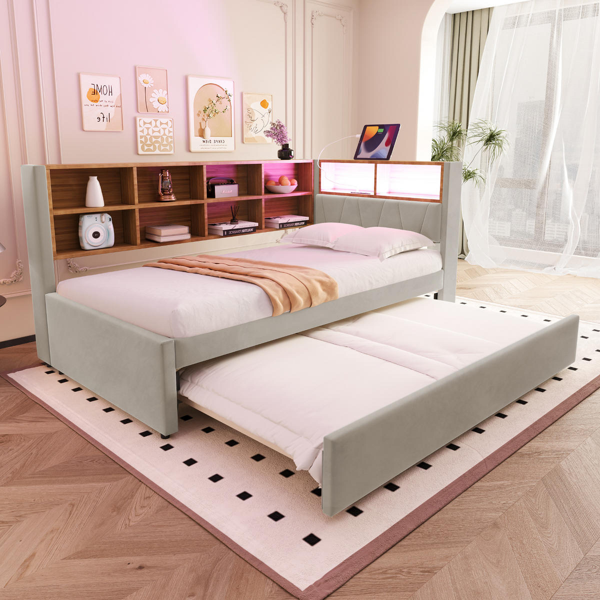 AUSZIEHBETT 90/200 cm LED-Beleuchtung und multifunktionalen Ladeanschlüssen Flanell Hellgrau - Hellgrau, Textil (90/200cm) - OKWISH