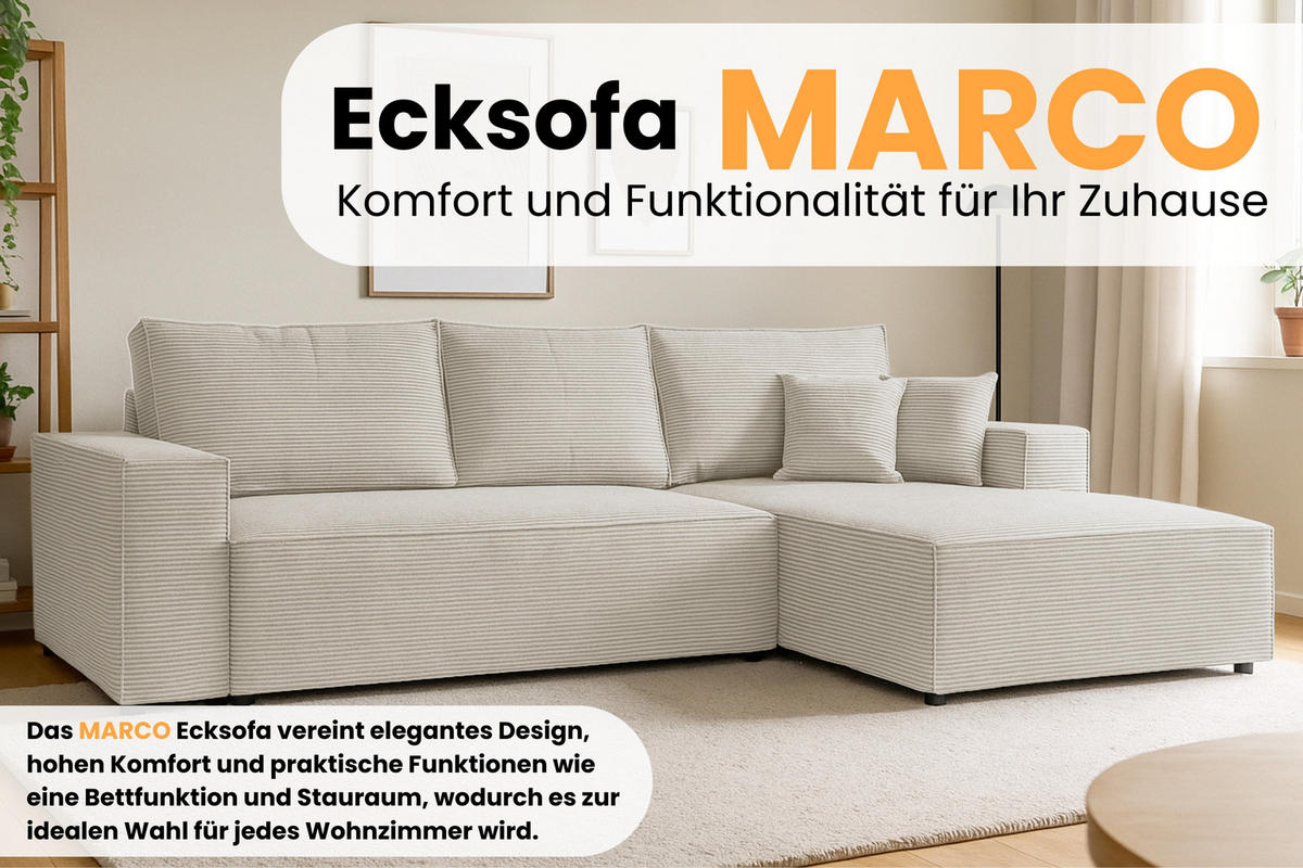 ECKSOFA MARCO 294/185 in Cord Creme mit Schlaffunktion rechts - Creme, Holz/Holzwerkstoff (294/185cm) - Deine Möbel 24