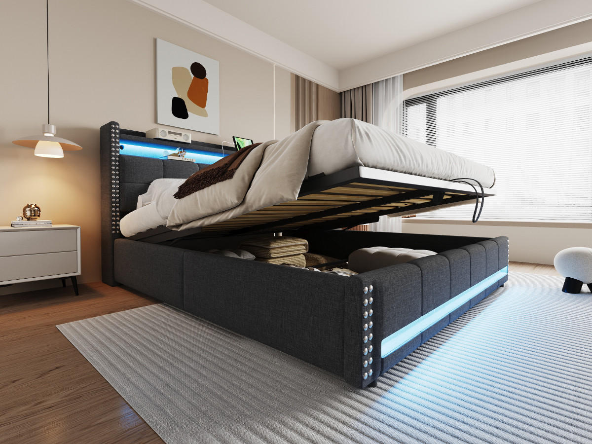 POLSTERBETT 180x200 cm LED USB Stauraum grau - Grau, Textil (180/200cm) - LEBENLANG