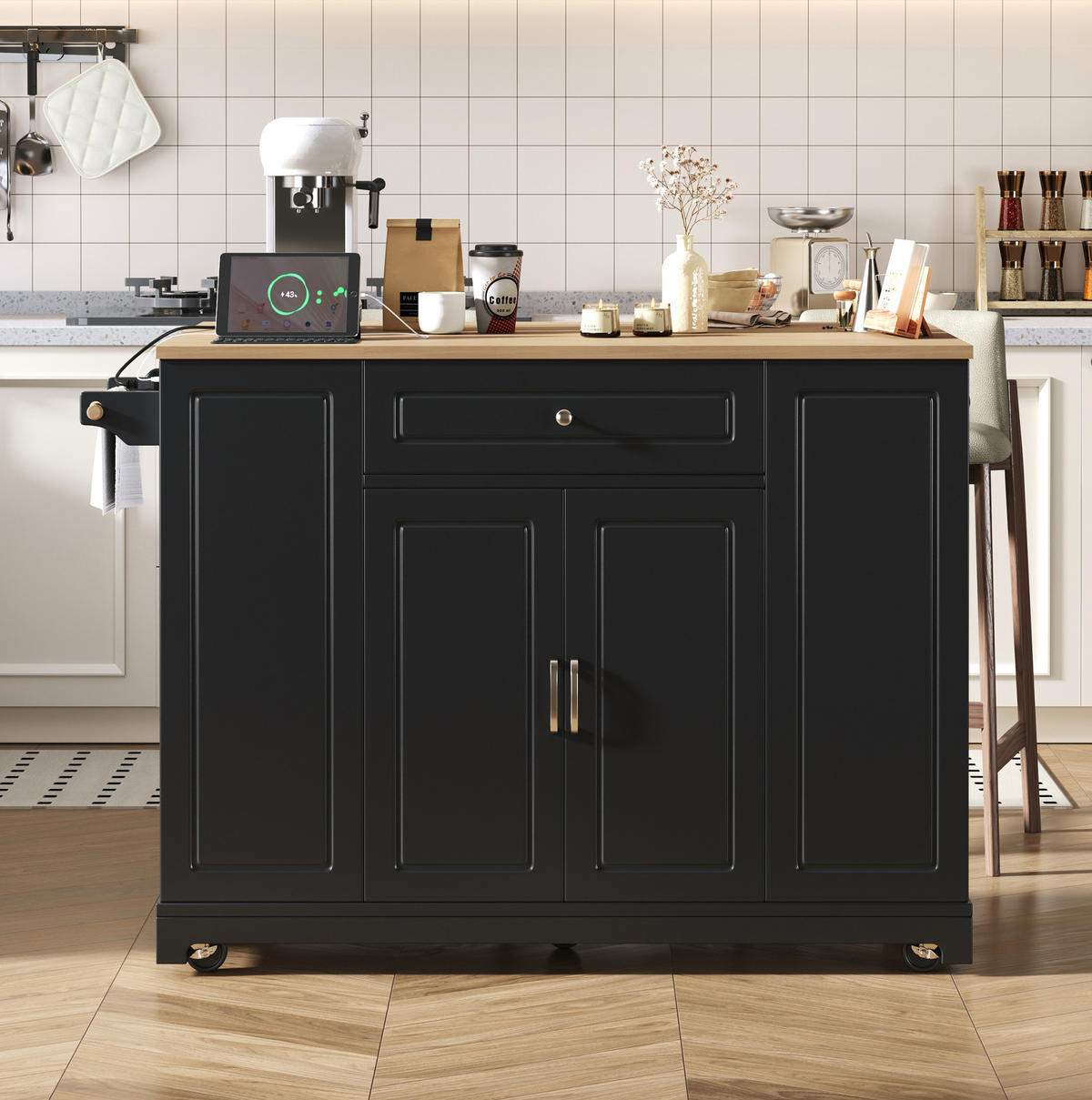 KÜCHENINSEL mit ausziehbarer Arbeitsplatte, Rollen, Black/Natural - Schwarz, Holz (40/93.3/131.8cm) - Beauniv