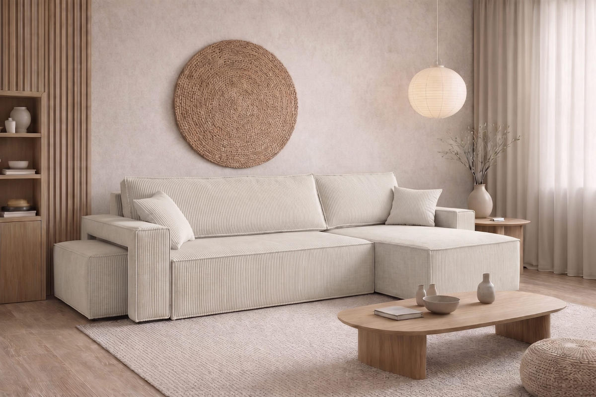 ECKSOFA Mit Schlaffunktion Und Pouf, Cordstoff Poso, Beige, Rechts, Best L Mit Pouf - Creme, Holz (244/145cm) - Kaiser Möbel
