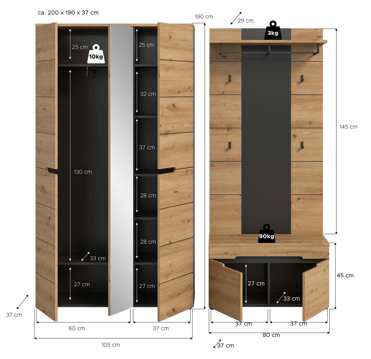 GARDEROBEN-SET Canu Artisan 200/37/190 cm - Grau, Holzwerkstoff (200/190/37cm) - Xonox