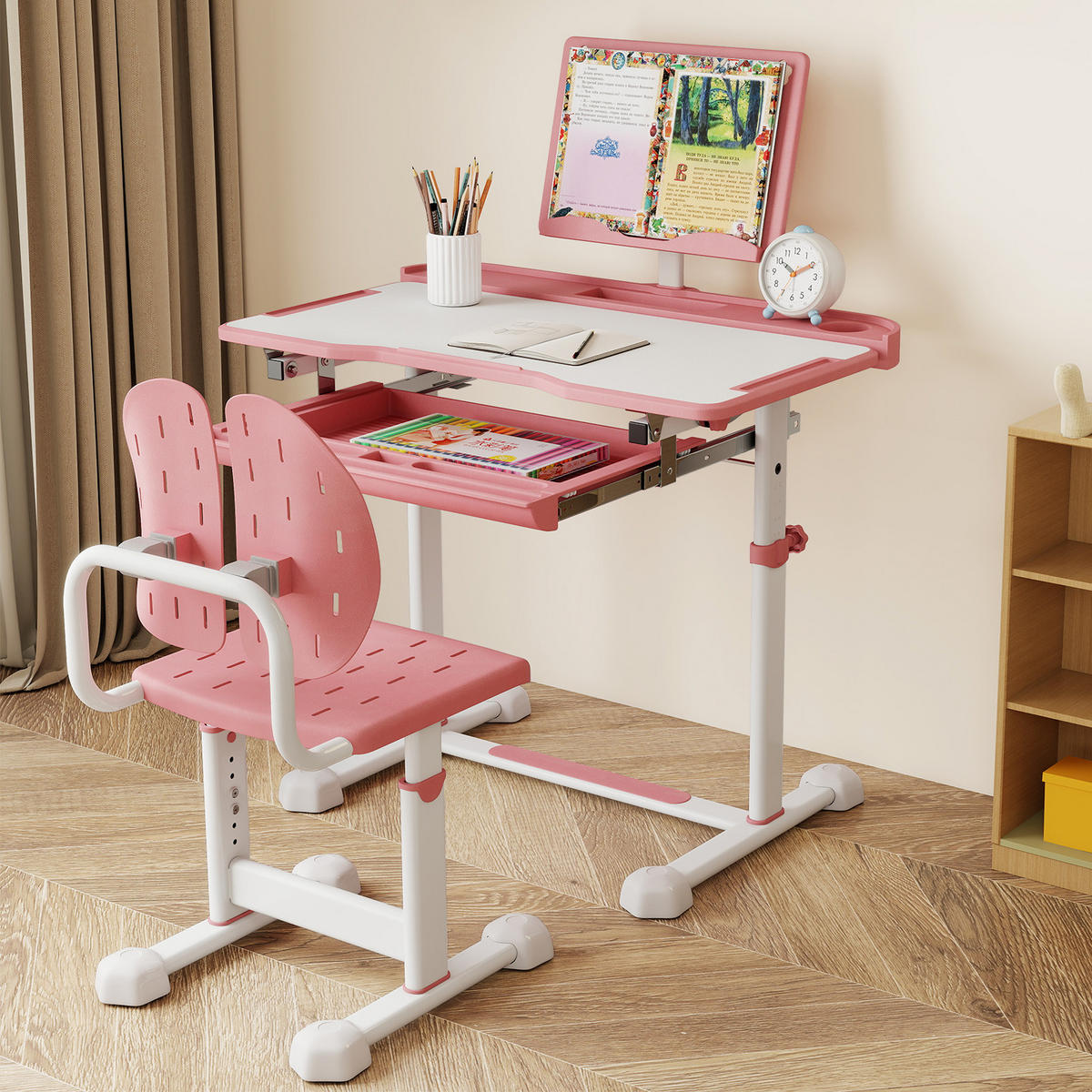 KINDERSCHREIBTISCH mit Stuhl Rosa(2-tlg) - Pink, Metall (80/83/50cm) - COSTWAY