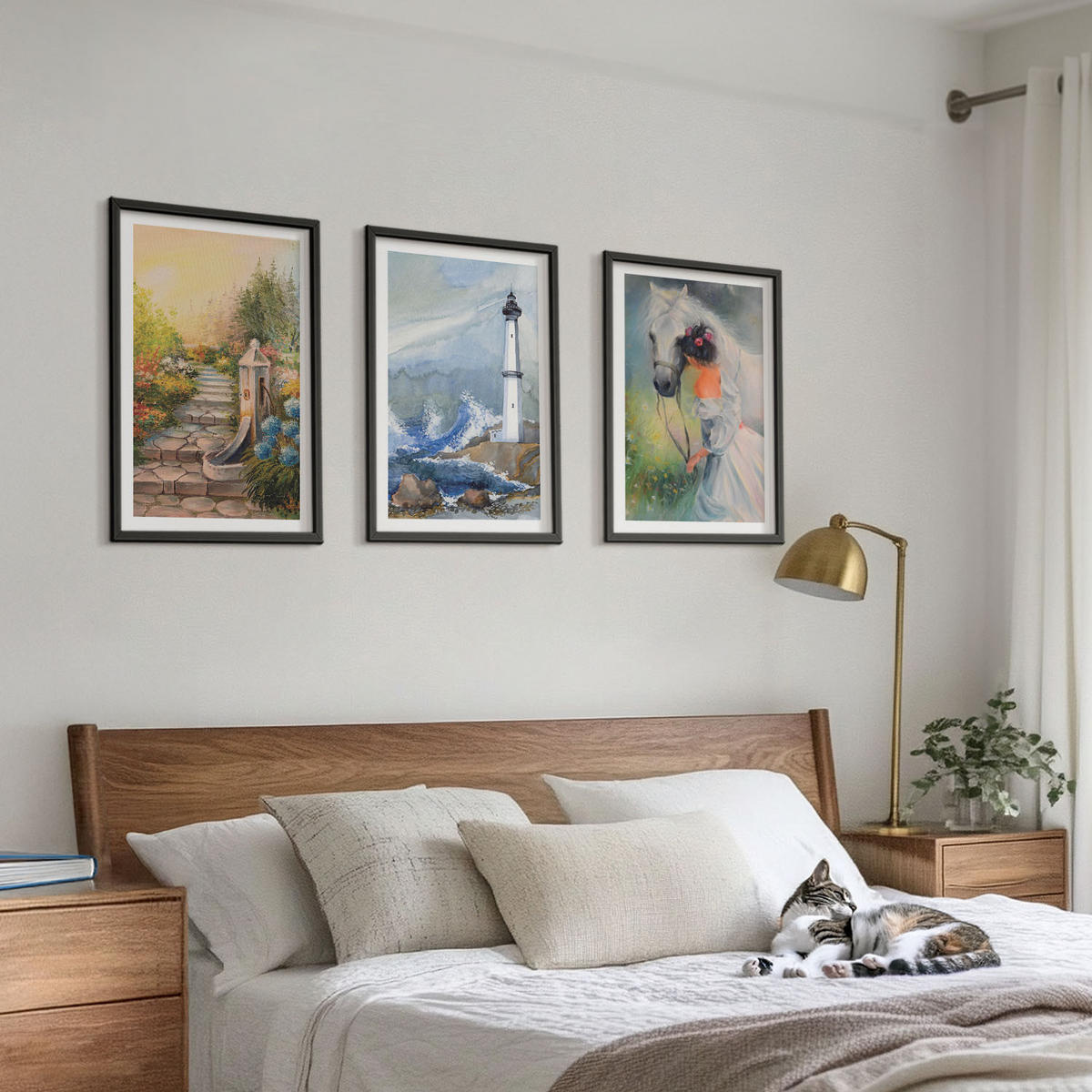 WANDBILDER 3er-Set - 40x60 cm Schwarzer Rahmen - Landschaft Leuchtturm Pferd Mädchen - Schwarz, Kunststoff (40/60cm) - ArtPrintCave