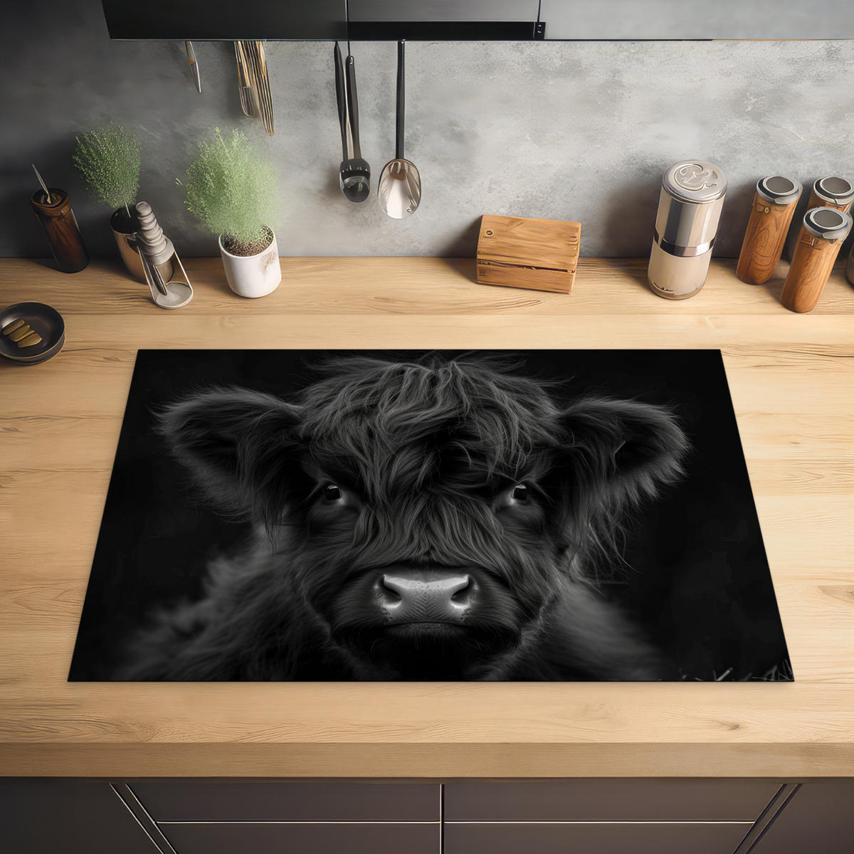 HERDABDECKPLATTE Scottish Highlander - Schwarz - Kalb - Kuh Ceranfeldabdeckung 80x52 cm - Schwarz, Kunststoff (80/52/0.2cm) - MuchoWow