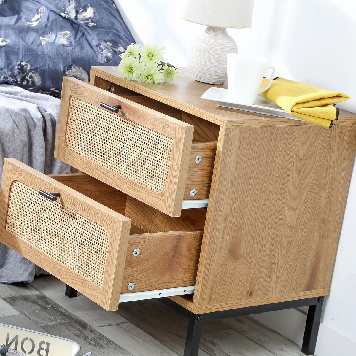 NACHTTISCH in Eiche Dekor mit 2 Schubladen aus Rattan H51cm - JAYA - Apfelbaumfarben, Holzwerkstoff (29/51/45cm) - Calicosy