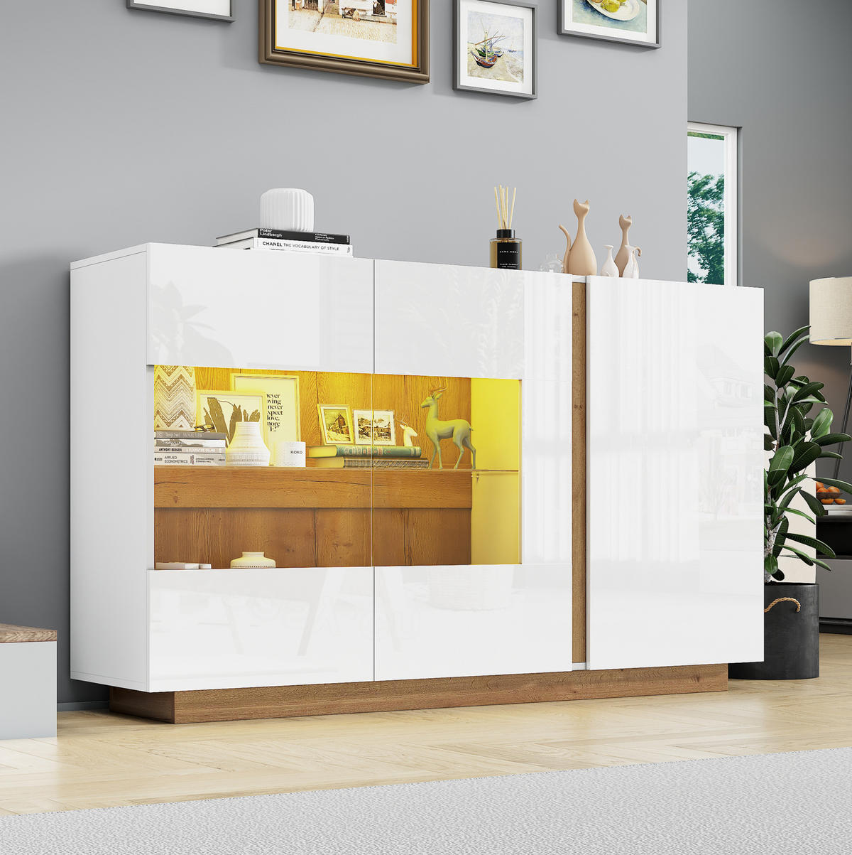 SIDEBOARD 138/38,5/90,5 cm aus Spanplatte und Glas mit 3 Türen, LED-Beleuchtung und Hochglanzfront, Weiß - Weiß, Holzwerkstoff (138/90.5/38cm) - Redom