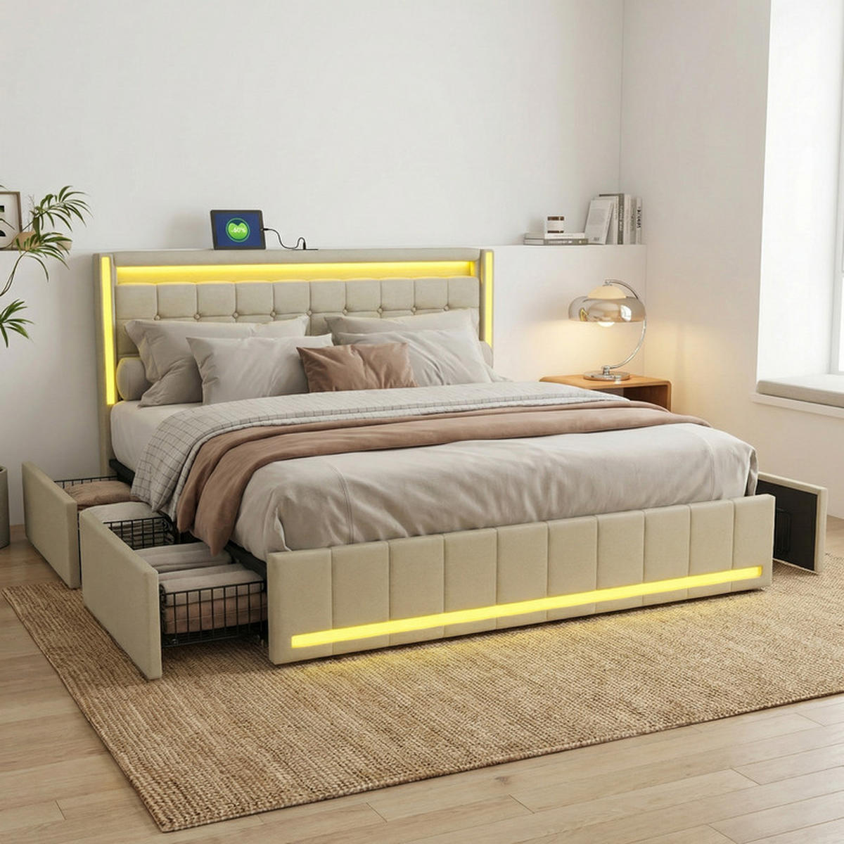 ČALÚNENÁ posteľ 140/200 cm béžová so zásuvkami, LED a USB - béžová, drevo - SHOPENTRA