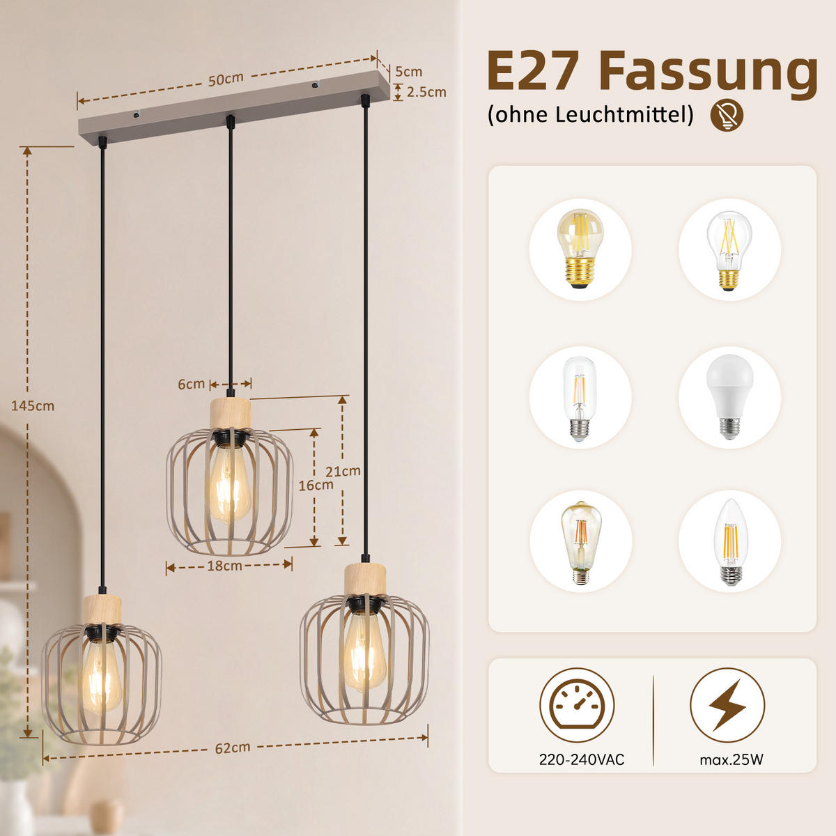 PENDELLEUCHTE Grythvin 62/18/145 cm - Grau, Holz/Metall (62/18/145cm) - ZMH