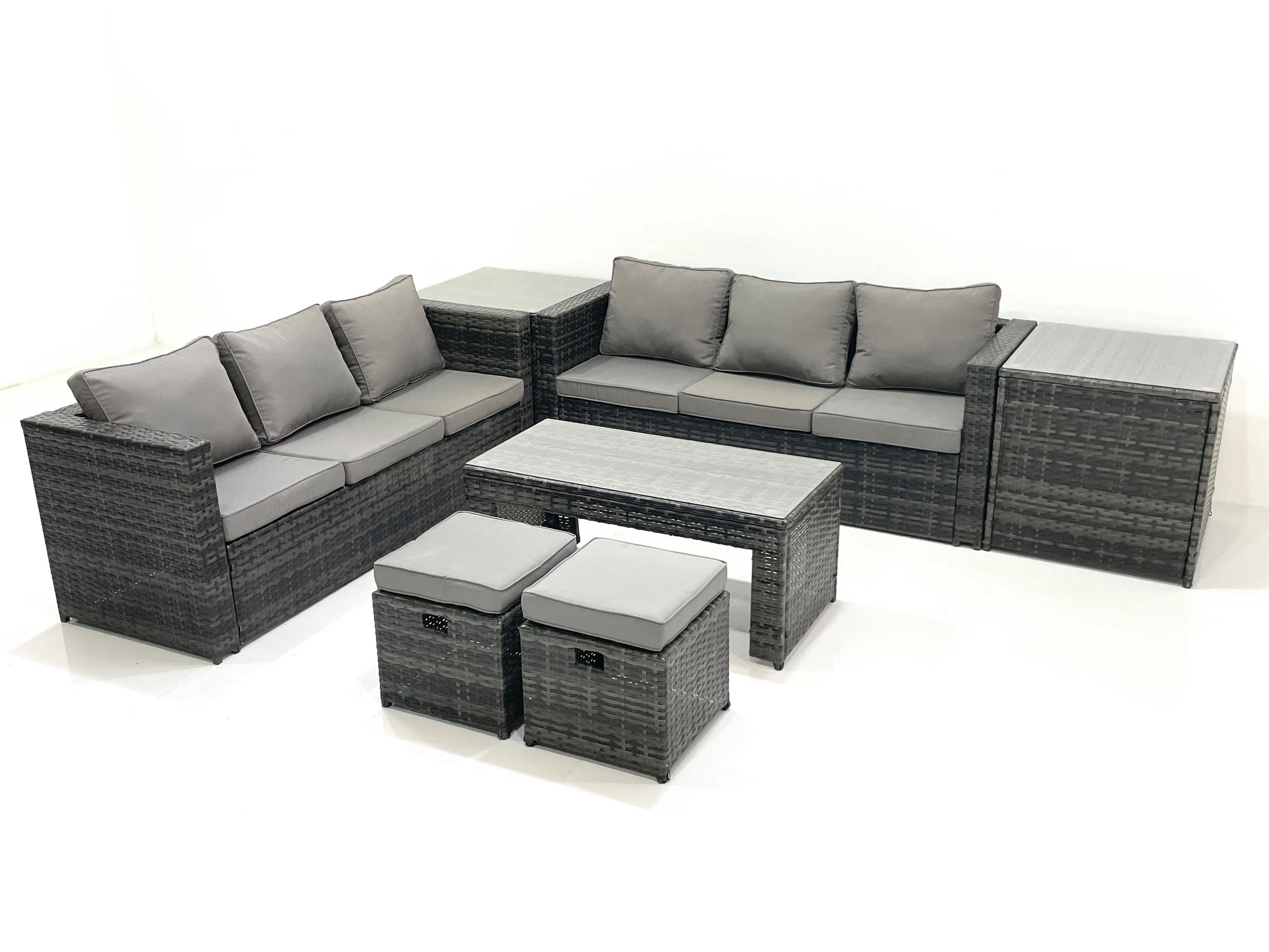 GARTENMÖBEL COUCHTISCH SET mit Sofa Polyrattan Outdoor 8-Sitzer - Dunkelgrau/Grau, Glas/Kunststoff - Fimous