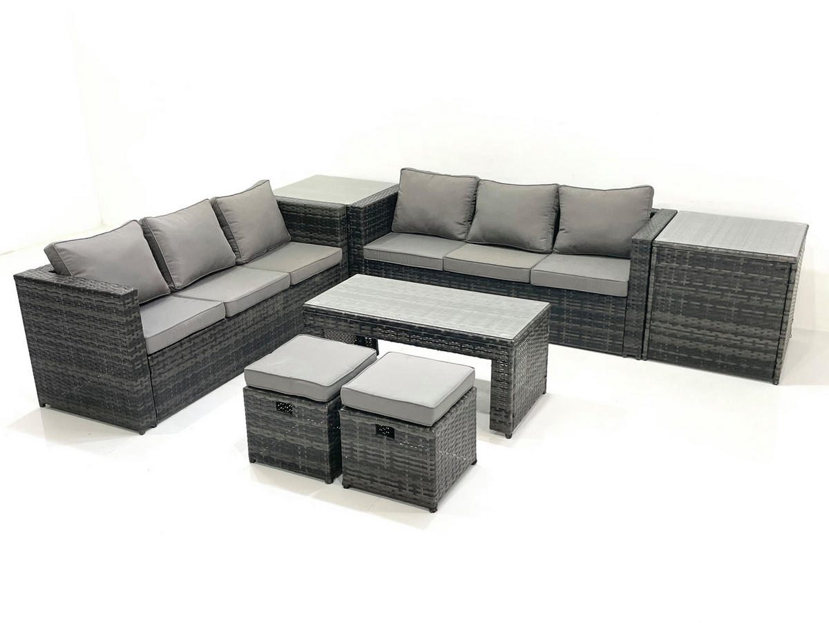 GARTENMÖBEL COUCHTISCH SET mit Sofa Polyrattan Outdoor 8-Sitzer - Dunkelgrau/Grau, Glas/Kunststoff - Fimous
