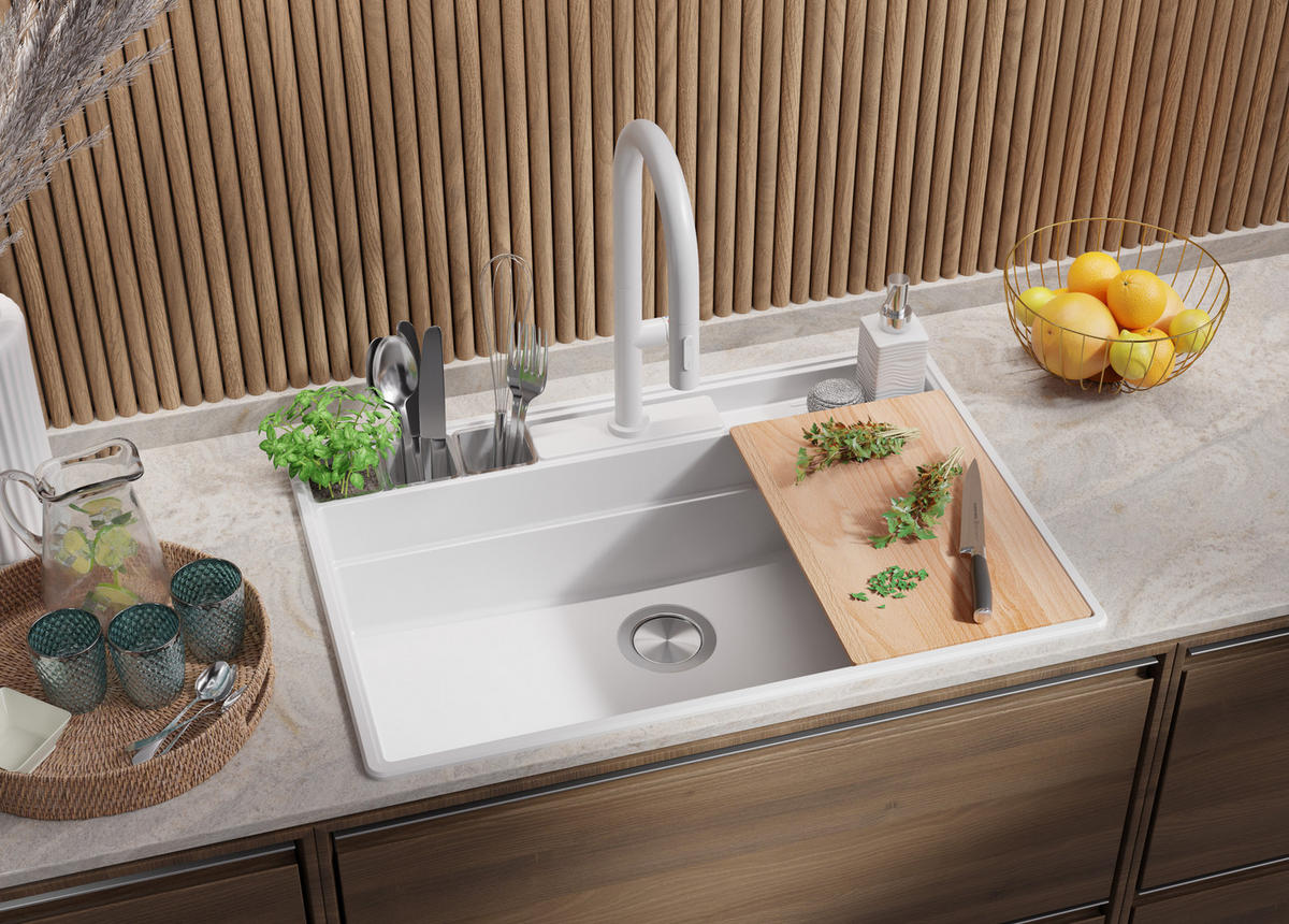 SPÜLBECKEN New York, 2-er set Weiß 78/53 cm 1 Becken + Ablauf-Set + Küchenzubehörset ab 80er Unterschrank - Chromfarben/Beige, Kunststoff (78/20/53cm) - Primagran