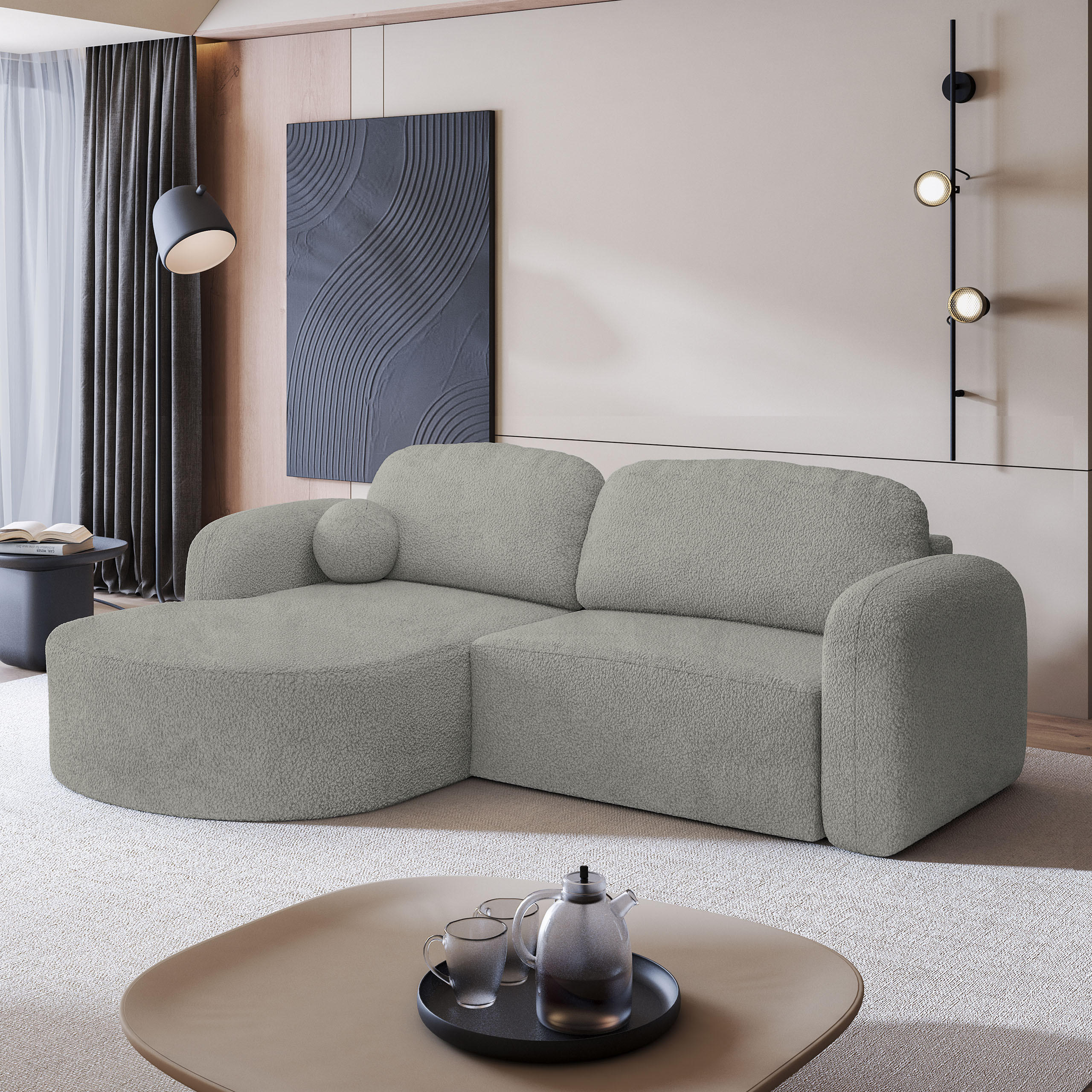 ECKSOFA AMILIA L-S Hellgrau Boucle-Stoff mit Schlaffunktion - Hellgrau, Holz (263/174cm) - MASSENO
