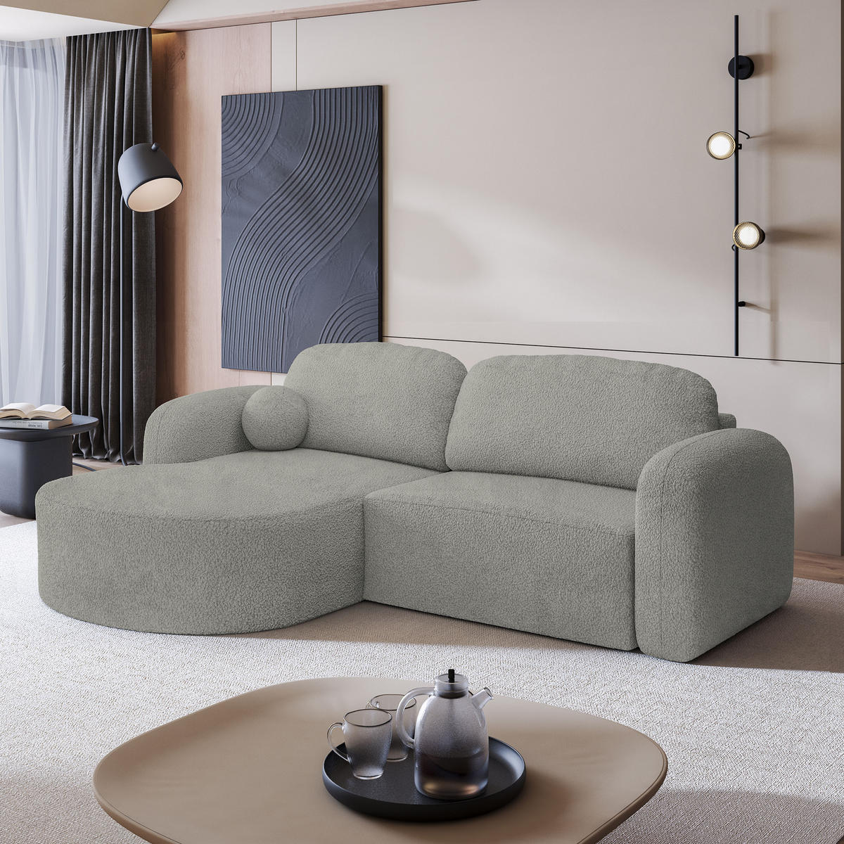 ECKSOFA AMILIA L-S Hellgrau Boucle-Stoff mit Schlaffunktion - Hellgrau, Holz (263/174cm) - MASSENO