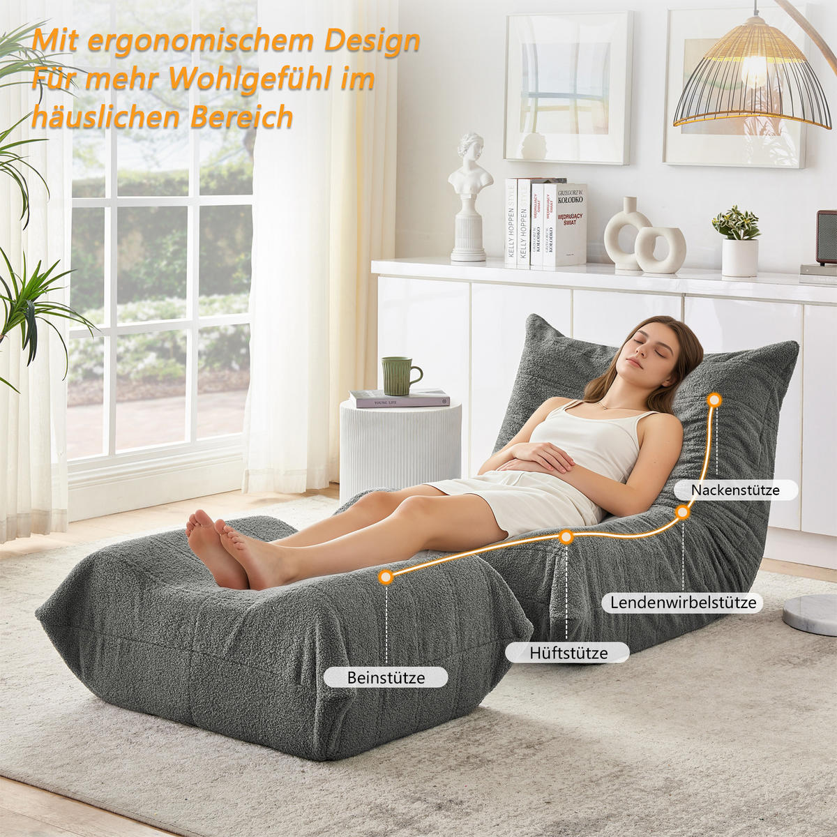 LAZY SOFA Teddyfell Optik mit Hocker weich & ergonomisch - Grau, Textil (100/70/90cm) - Urban Meuble